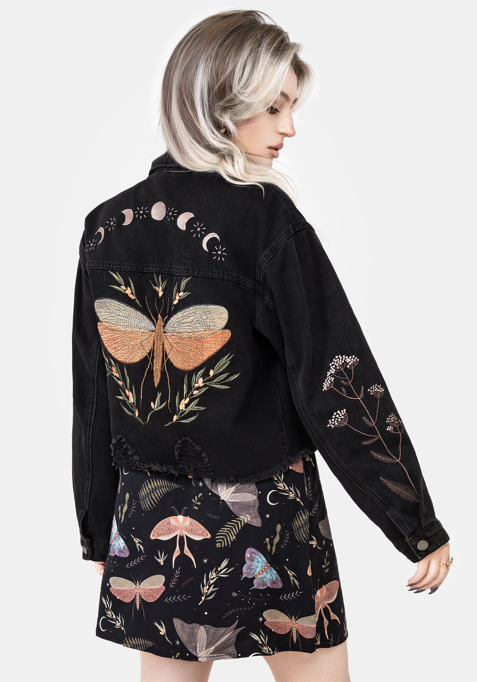 Distressed Denim Jacket with Insect Embroidery | Griffinfly