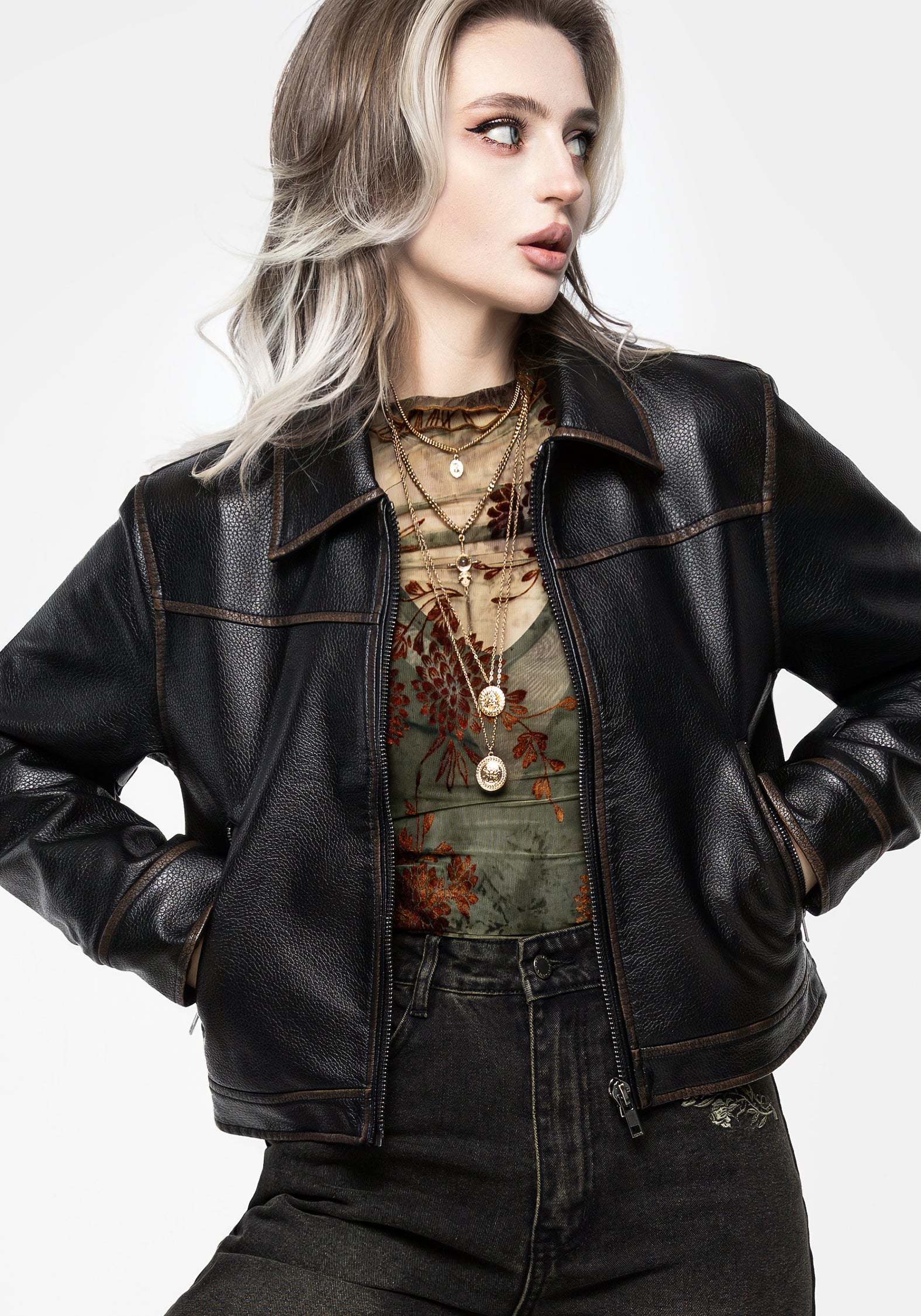 Faux Leather Cropped Jacket with Zipped Front & Side Pockets | Ermania