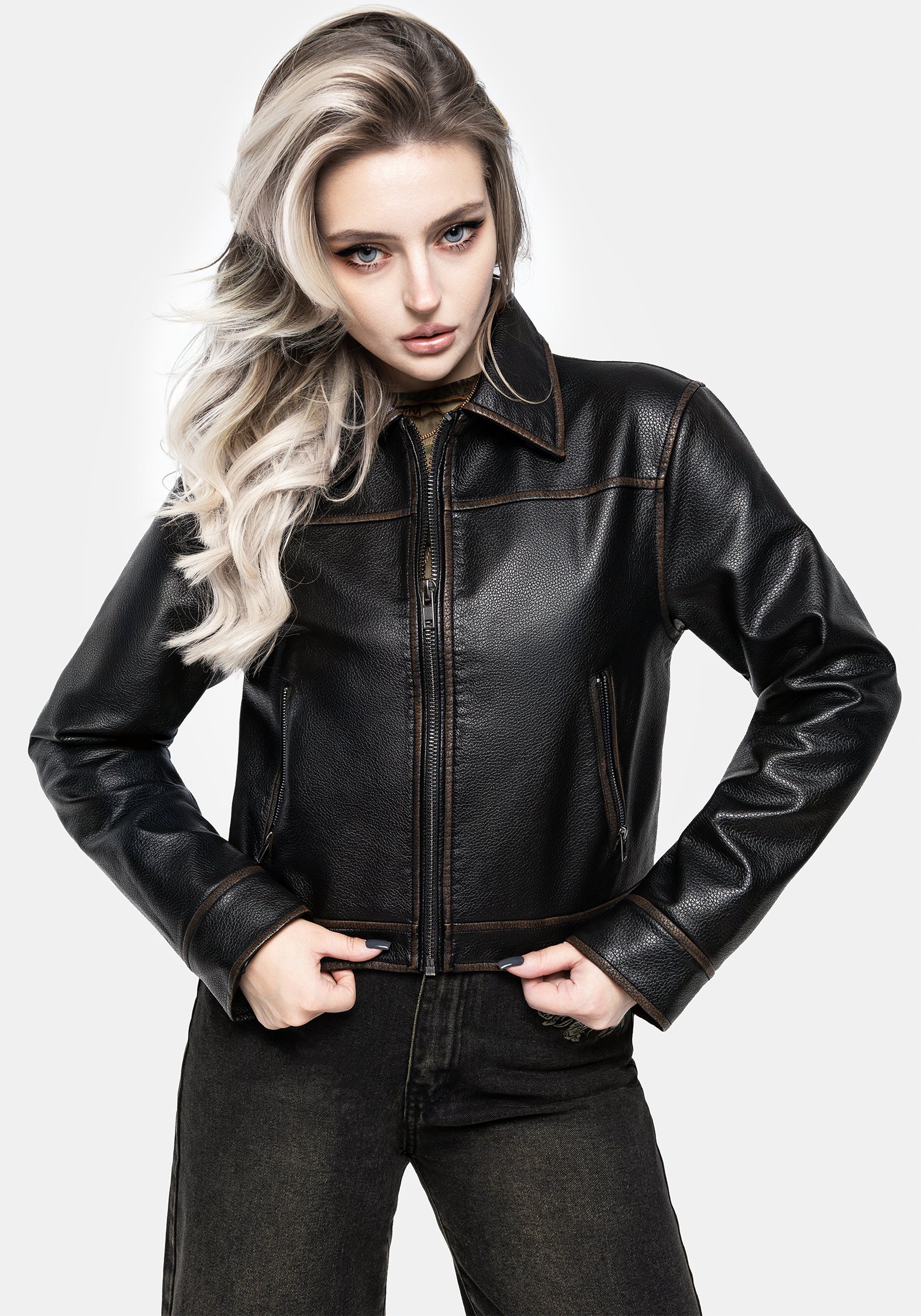 Faux Leather Cropped Jacket with Zipped Front & Side Pockets | Ermania