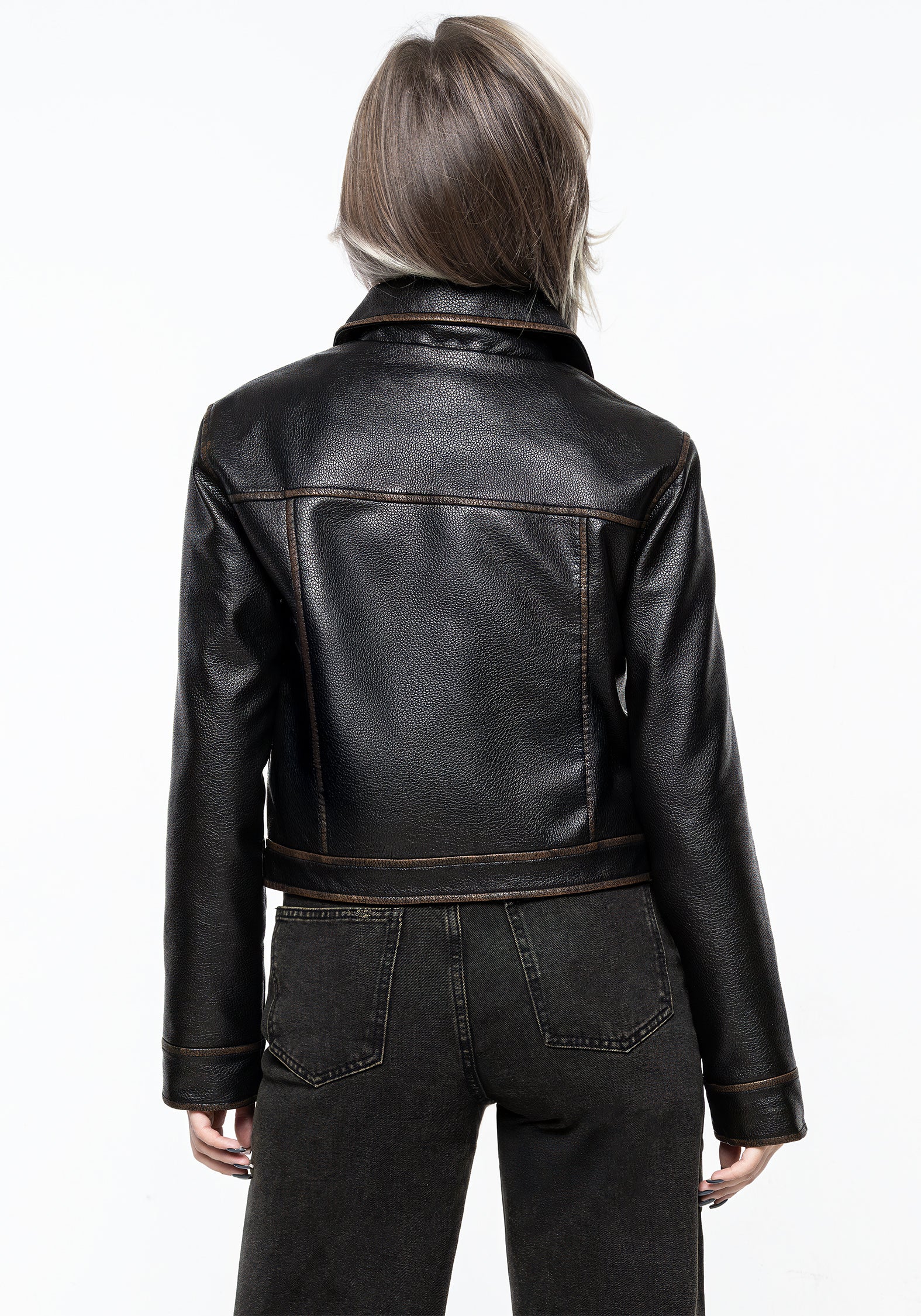 Faux Leather Cropped Jacket with Zipped Front & Side Pockets | Ermania