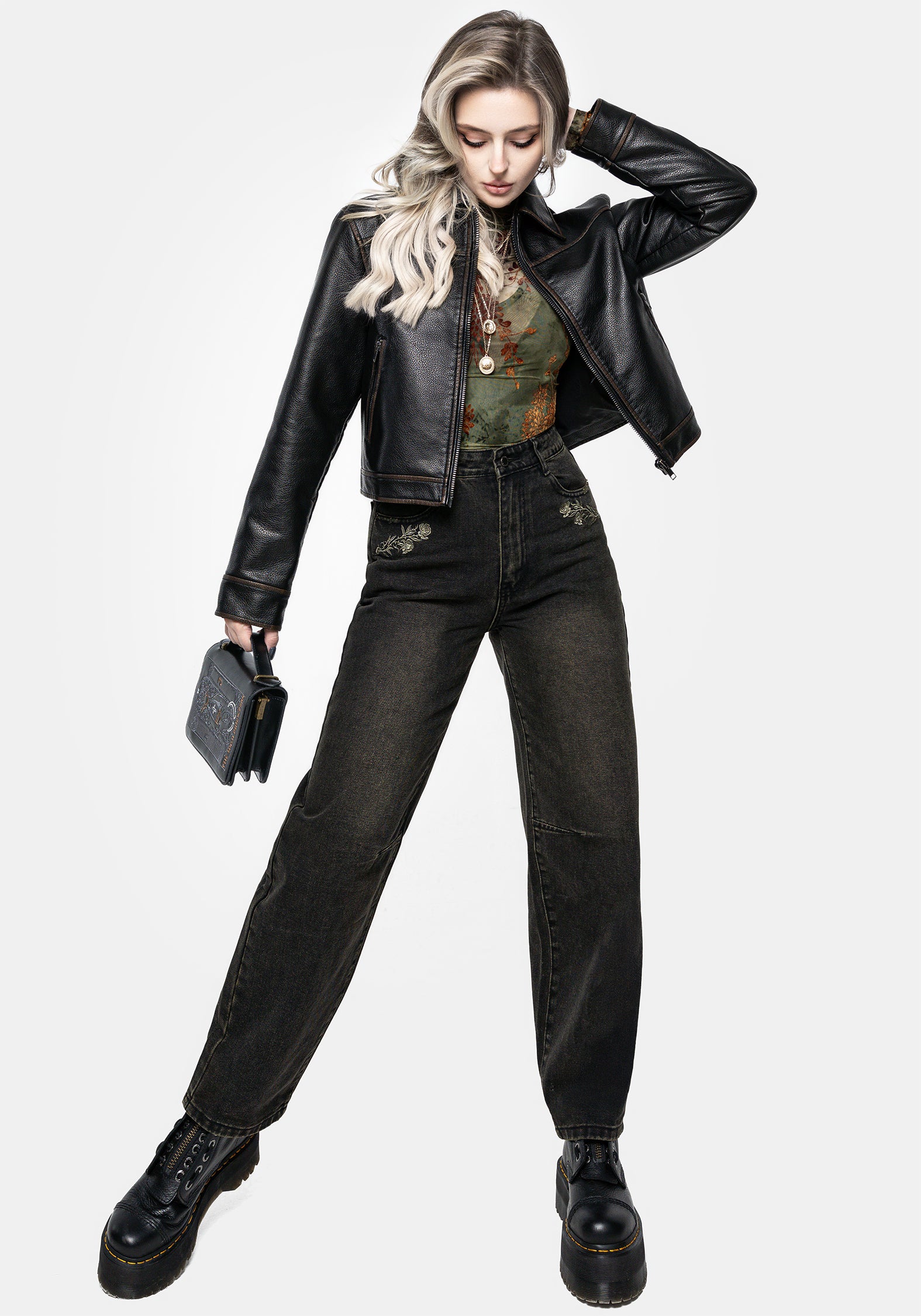 Faux Leather Cropped Jacket with Zipped Front & Side Pockets | Ermania