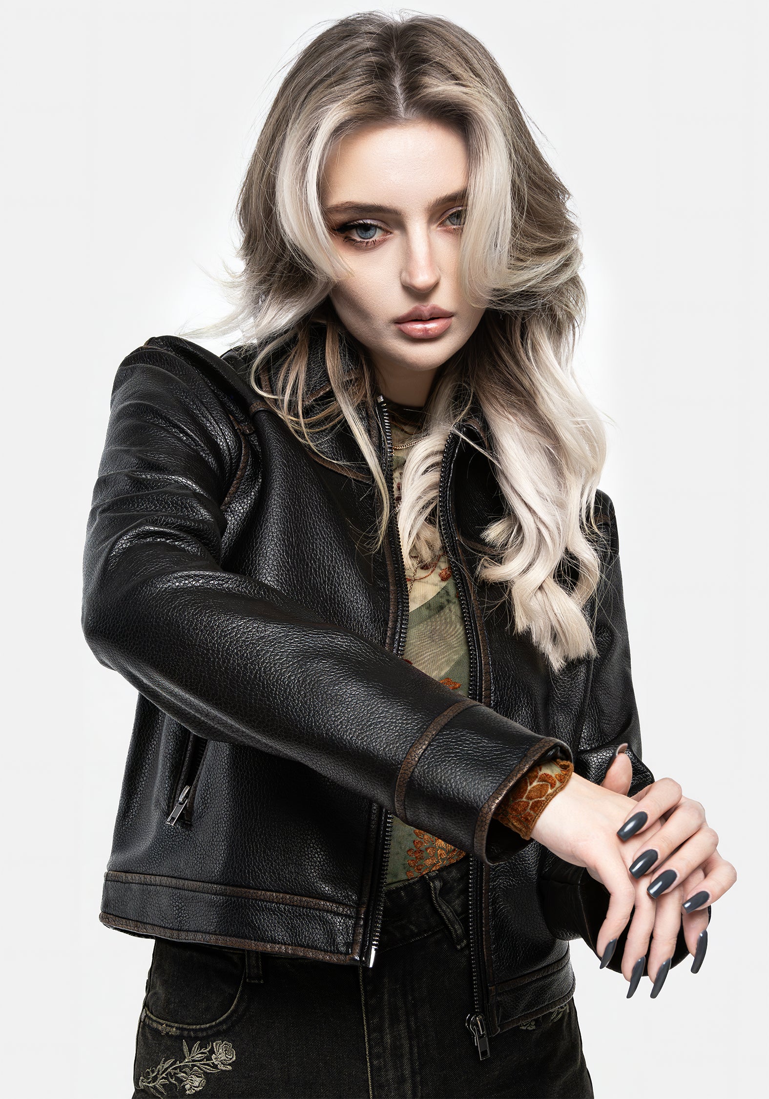 Faux Leather Cropped Jacket with Zipped Front & Side Pockets | Ermania