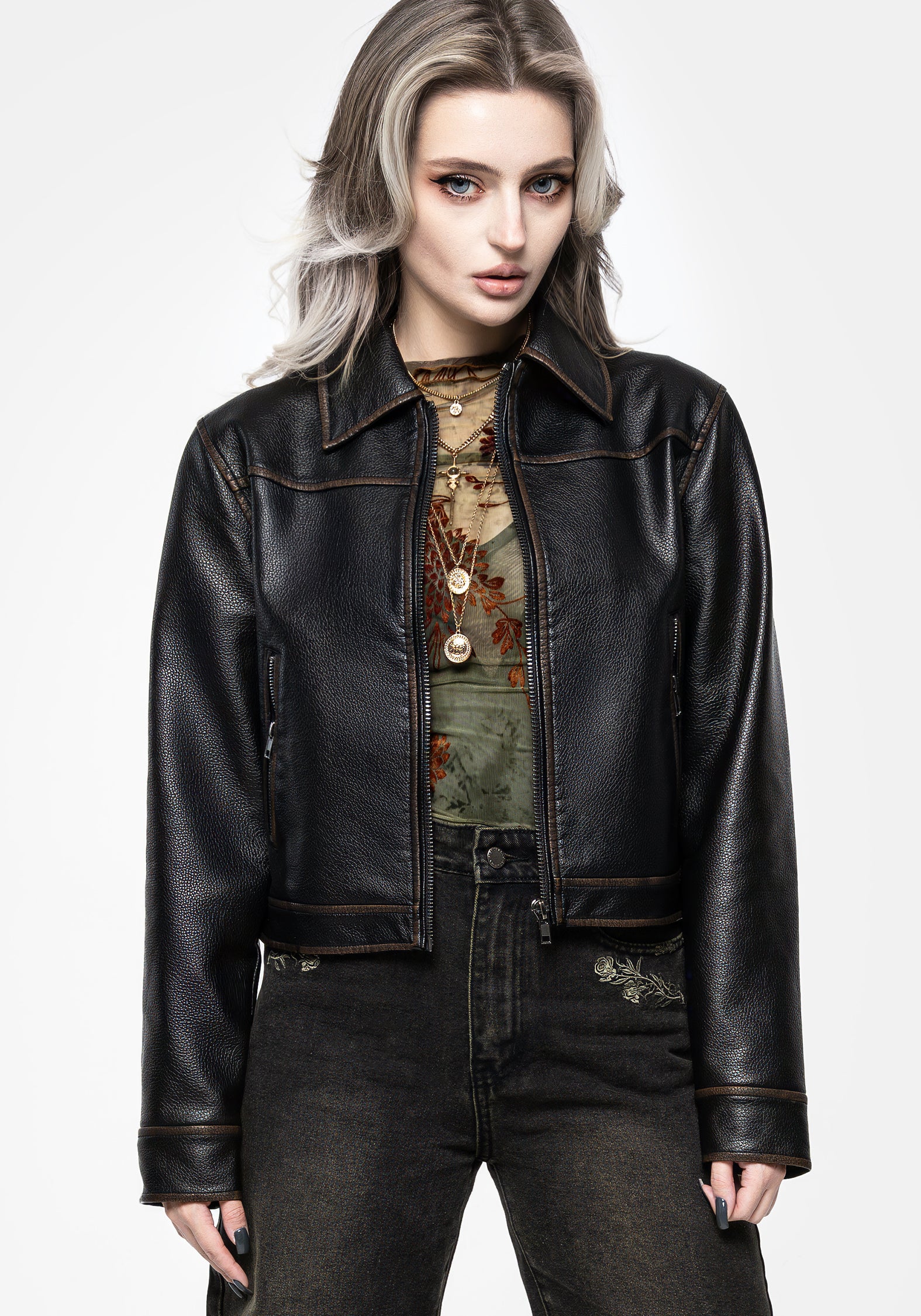 Faux Leather Cropped Jacket with Zipped Front & Side Pockets | Ermania