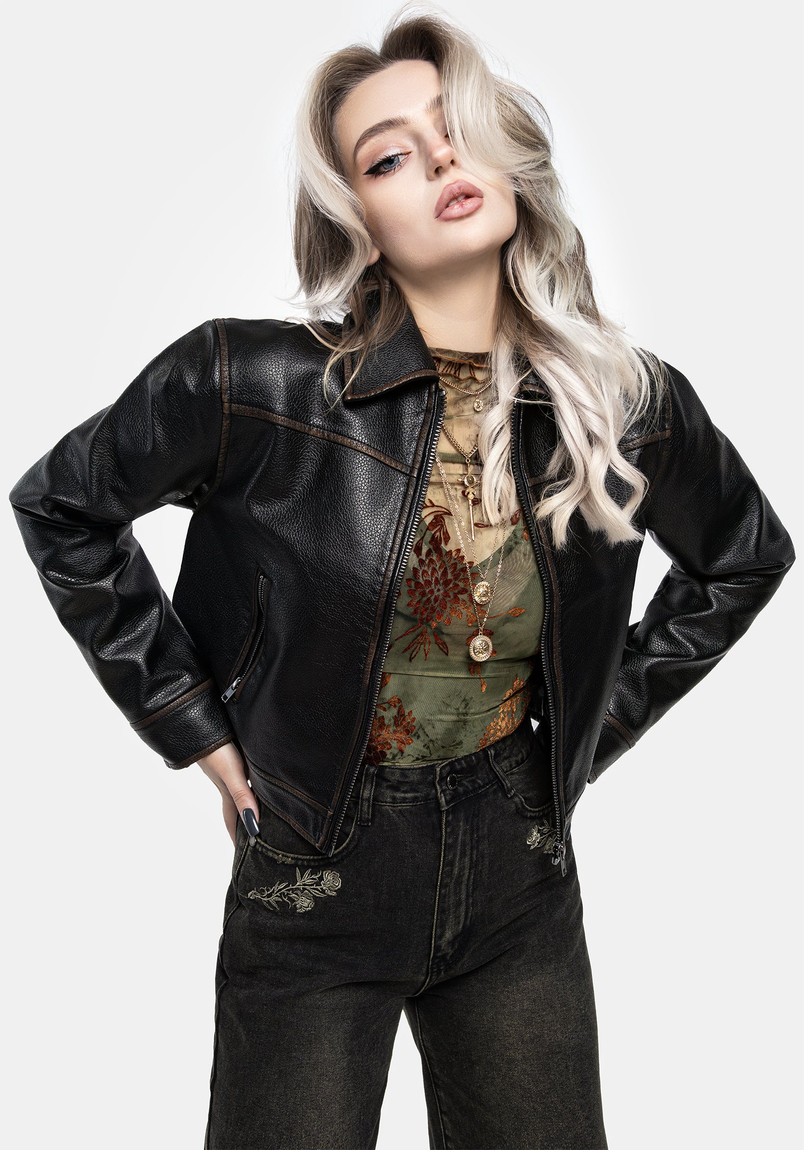 Faux Leather Cropped Jacket with Zipped Front & Side Pockets | Ermania