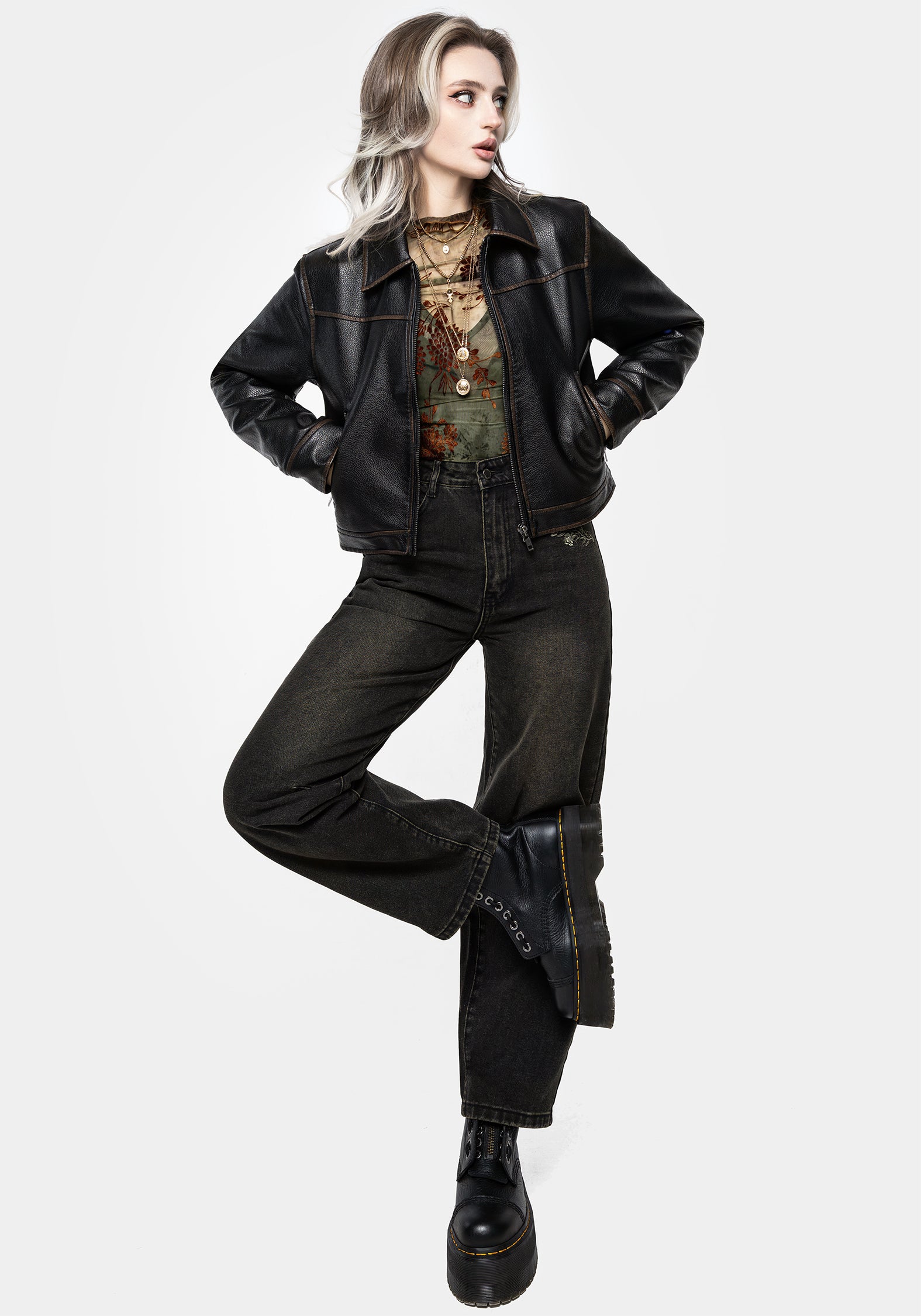 Faux Leather Cropped Jacket with Zipped Front & Side Pockets | Ermania