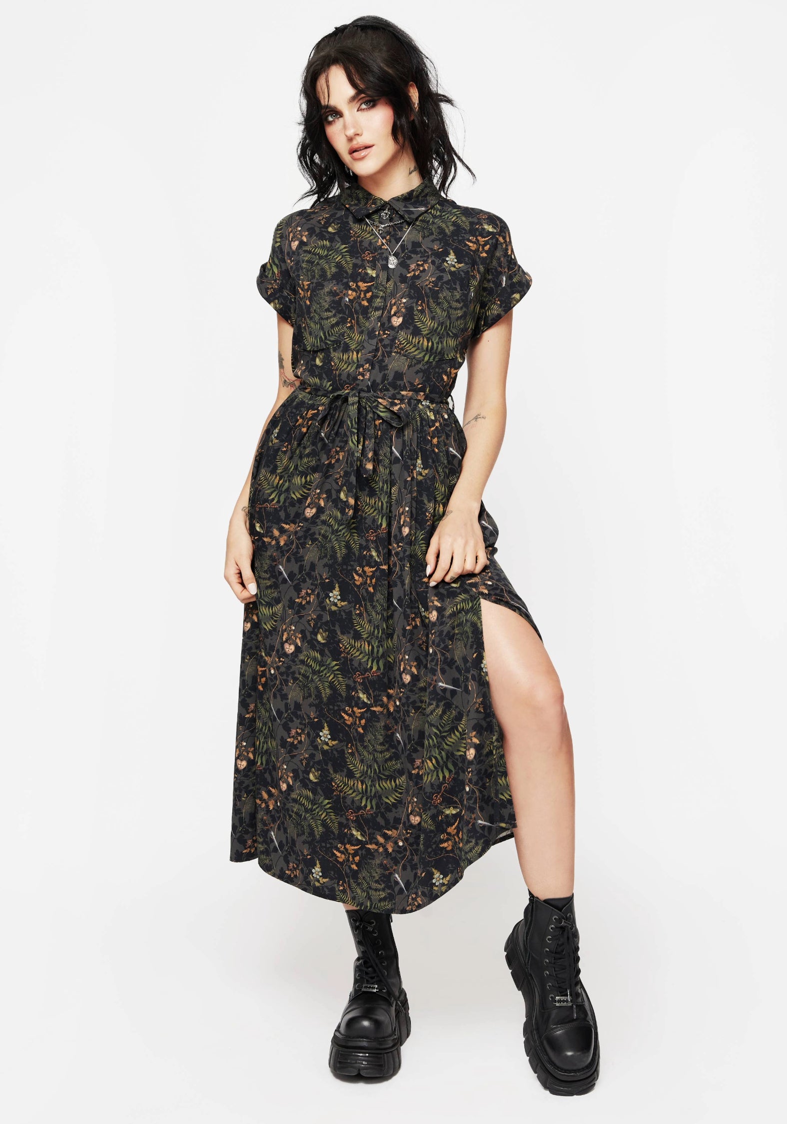 Fern Print Midi Shirt Dress with Belt | Sleeveless & Collared