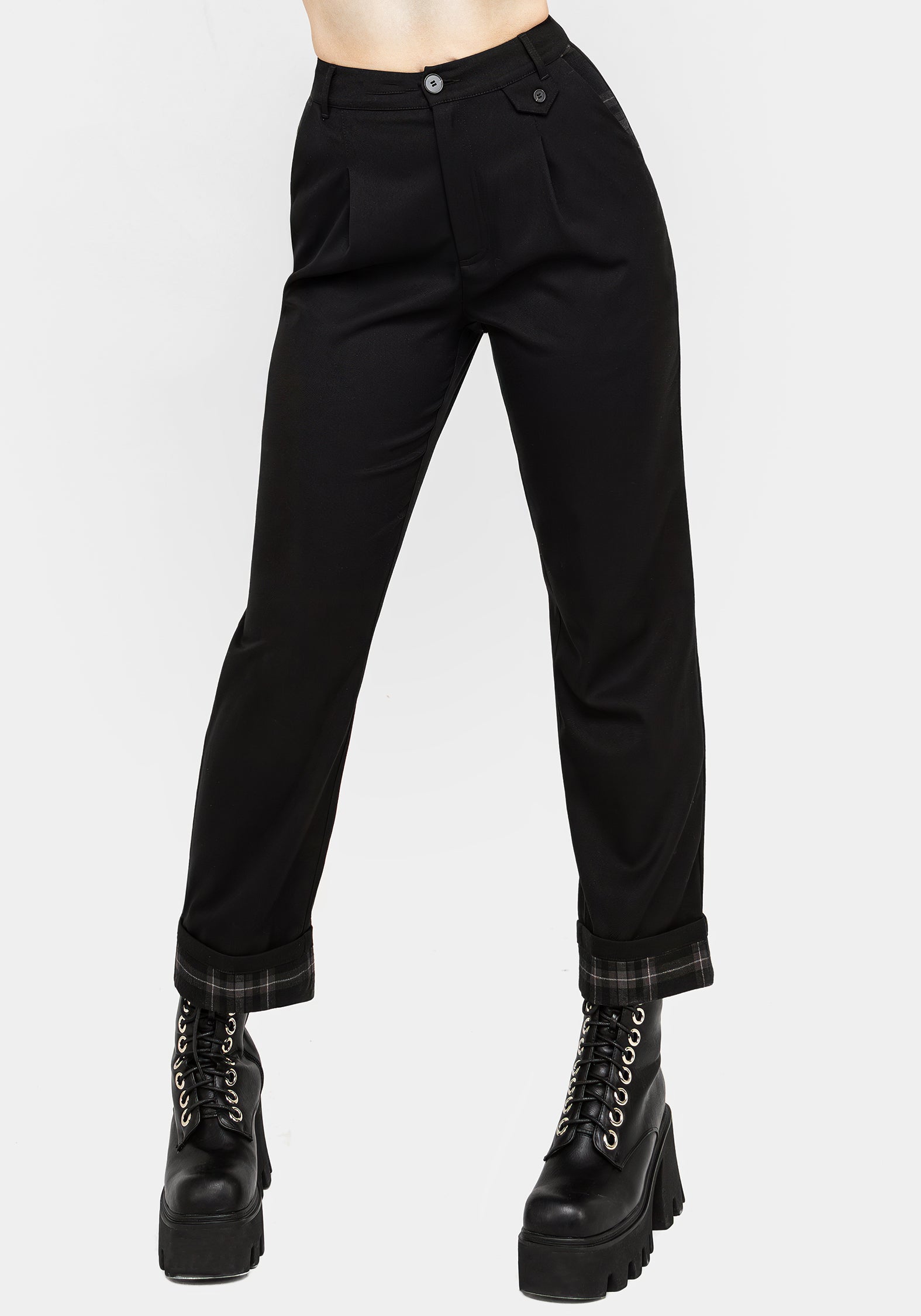 Black Check Contrast Trousers with High-Rise Fit | Clover