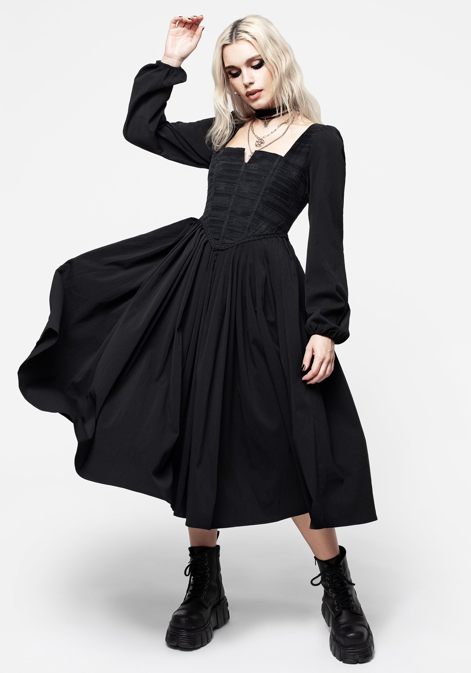 Black Corset Midi Dress with Lace-Up Back & Ruffled Sleeves | Mina