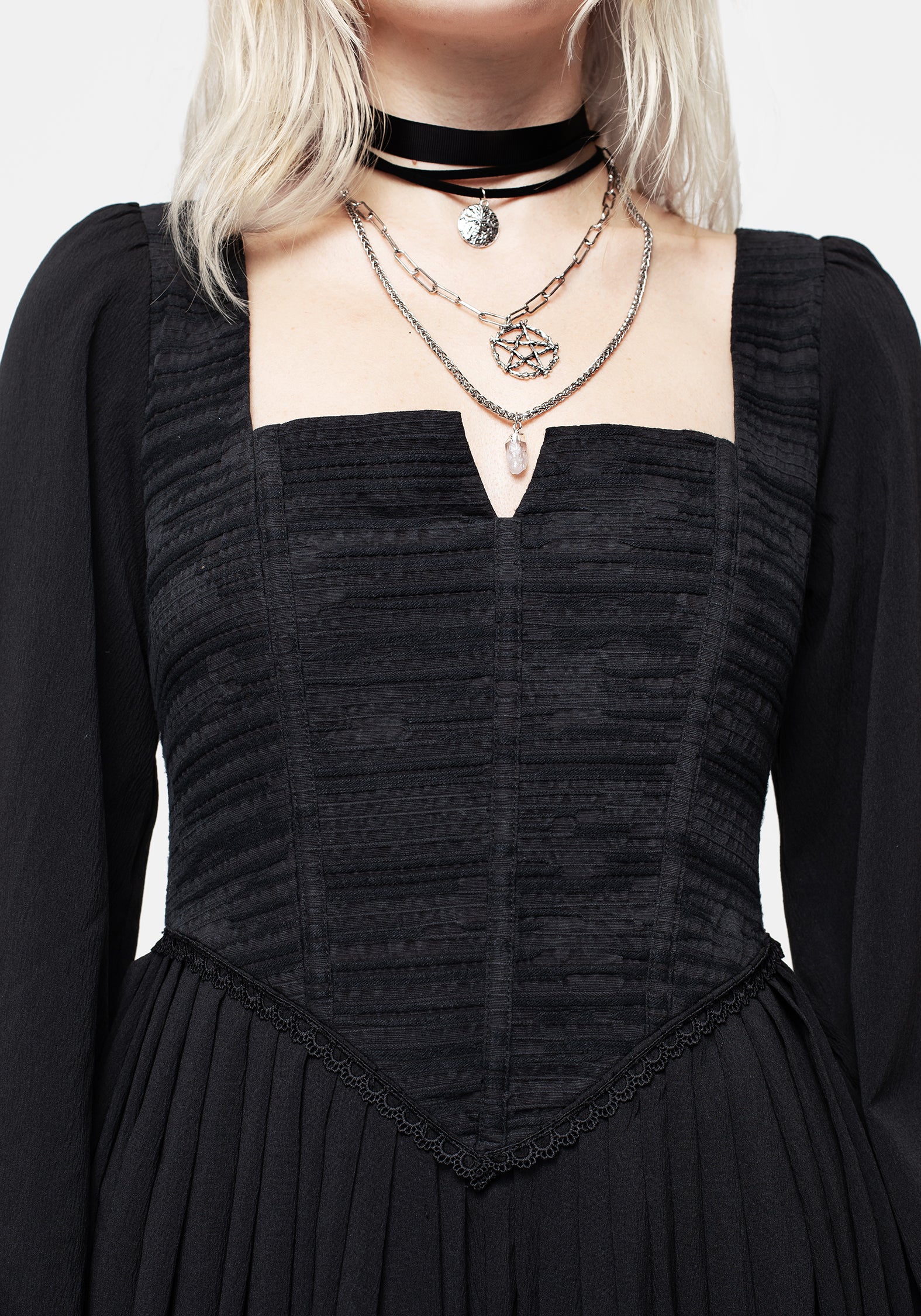 Black Corset Midi Dress with Lace-Up Back & Ruffled Sleeves | Mina