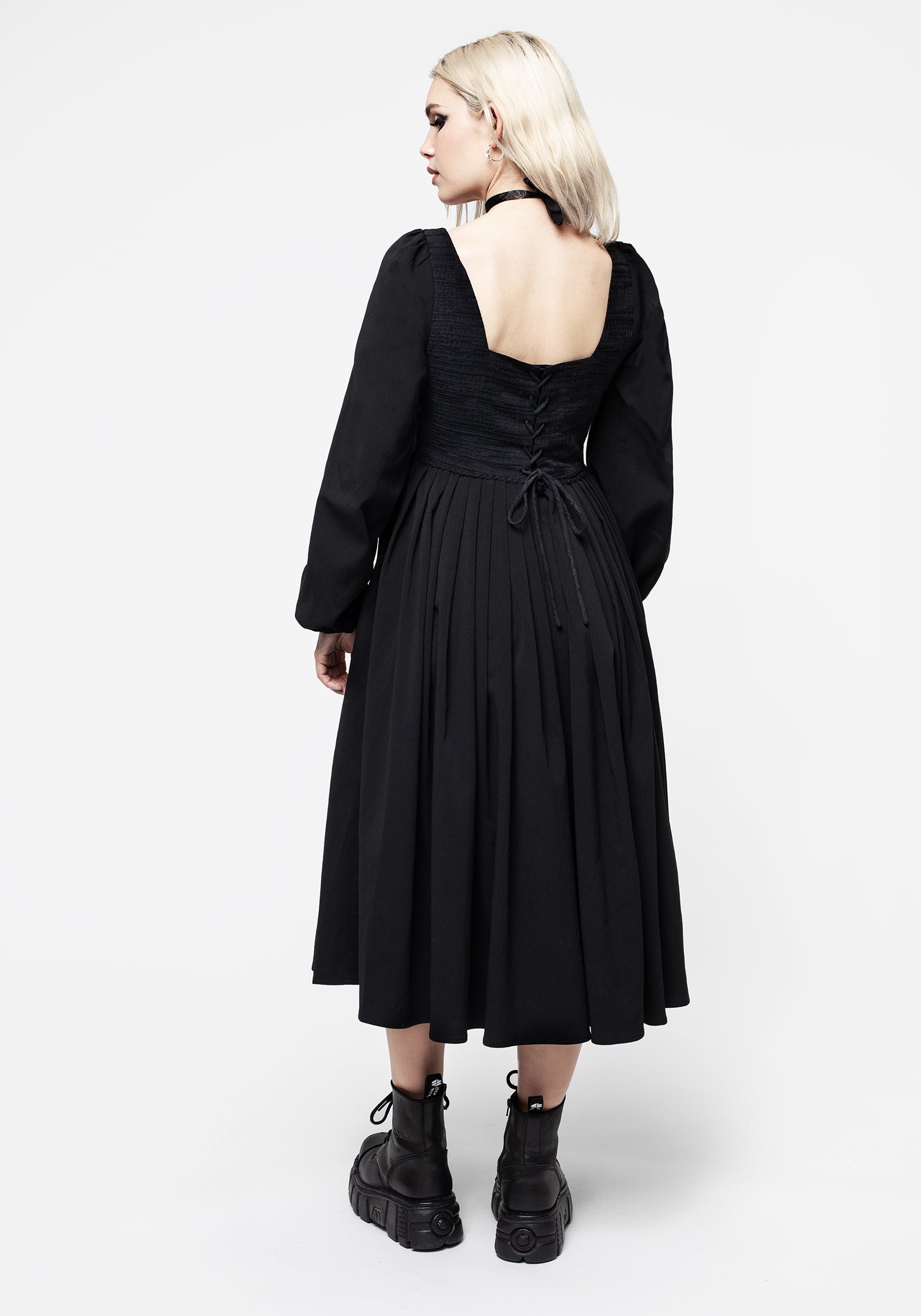 Black Corset Midi Dress with Lace-Up Back & Ruffled Sleeves | Mina