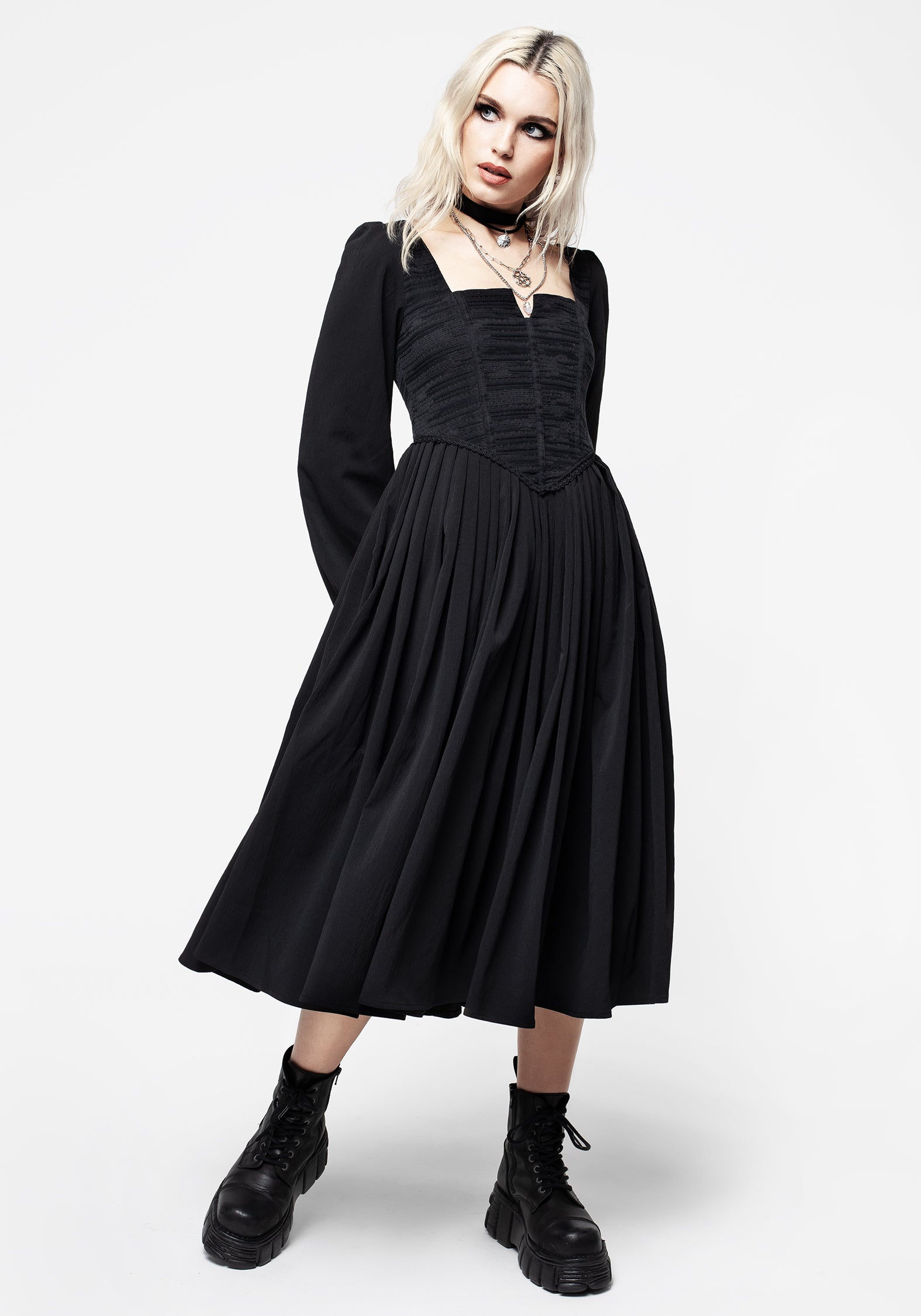 Black Corset Midi Dress with Lace-Up Back & Ruffled Sleeves | Mina