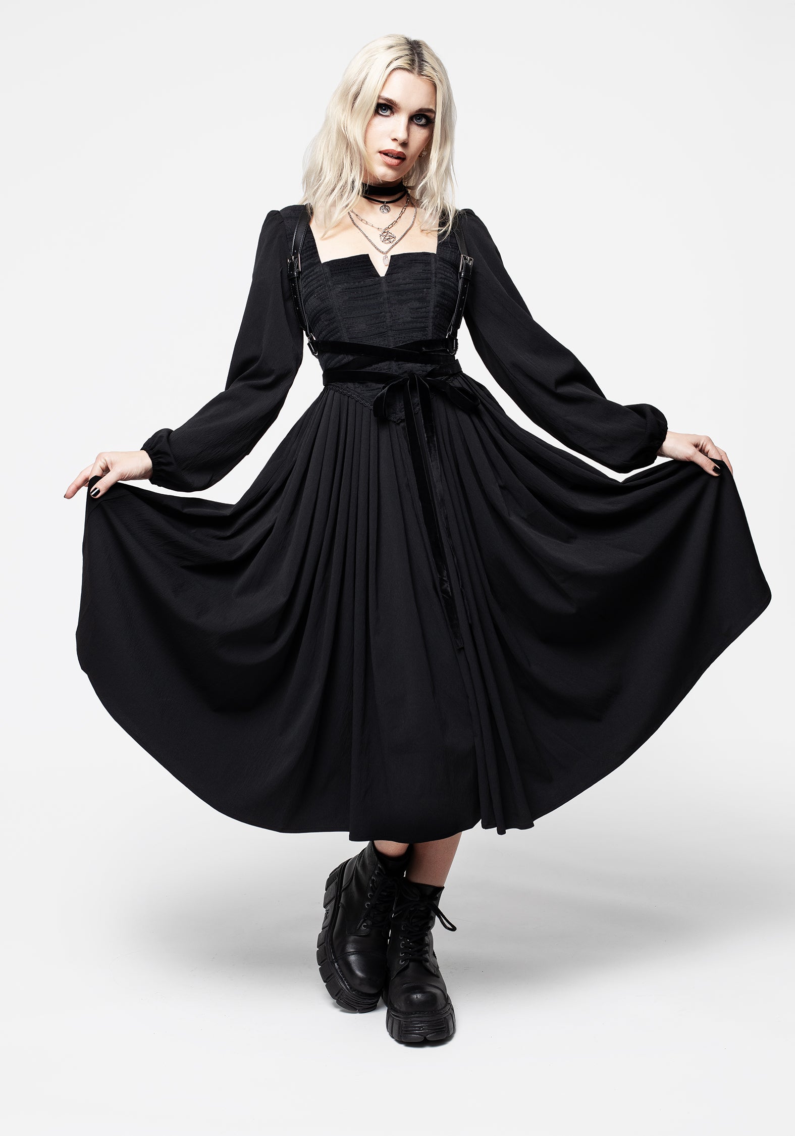 Black Corset Midi Dress with Lace-Up Back & Ruffled Sleeves | Mina