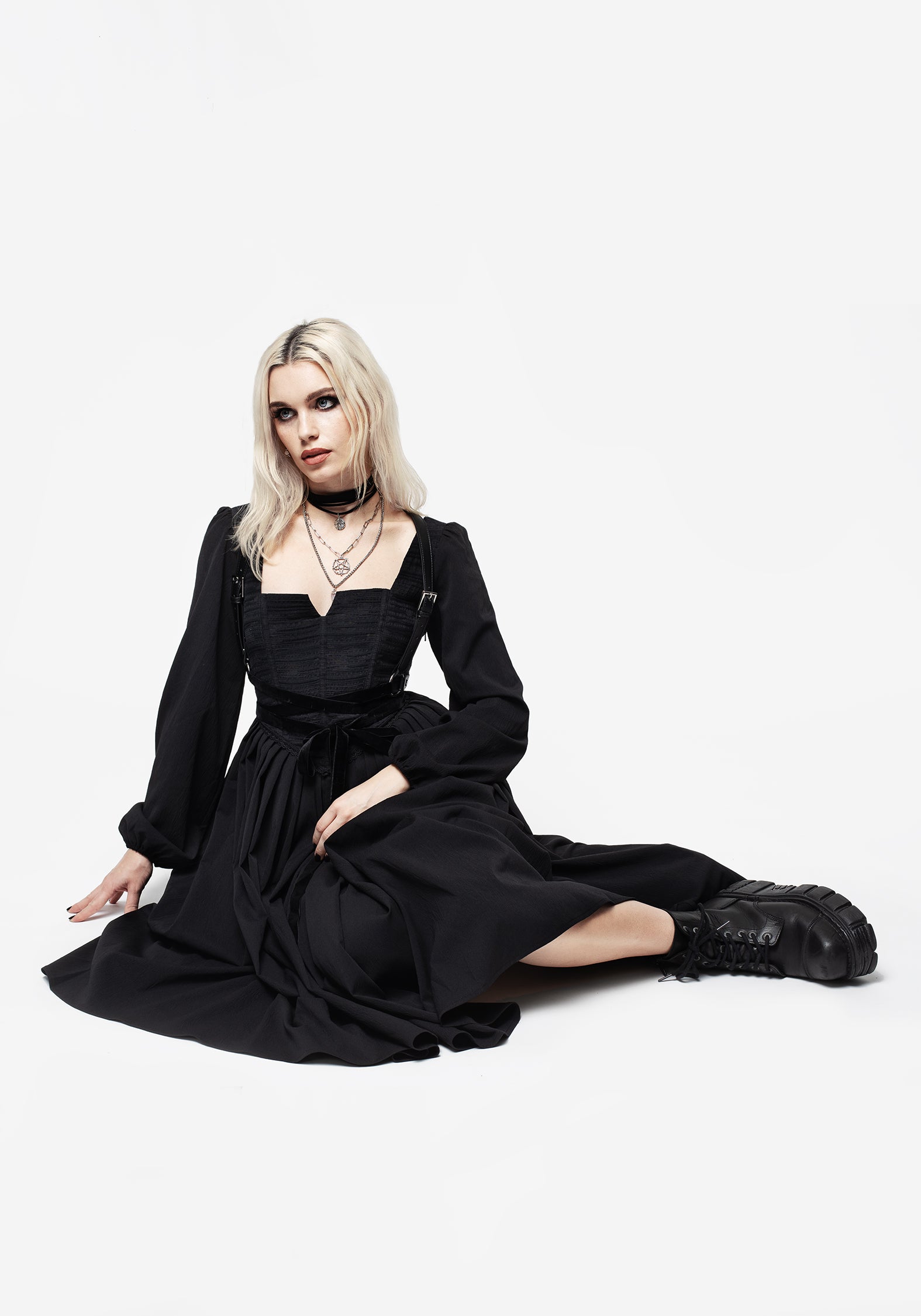 Black Corset Midi Dress with Lace-Up Back & Ruffled Sleeves | Mina