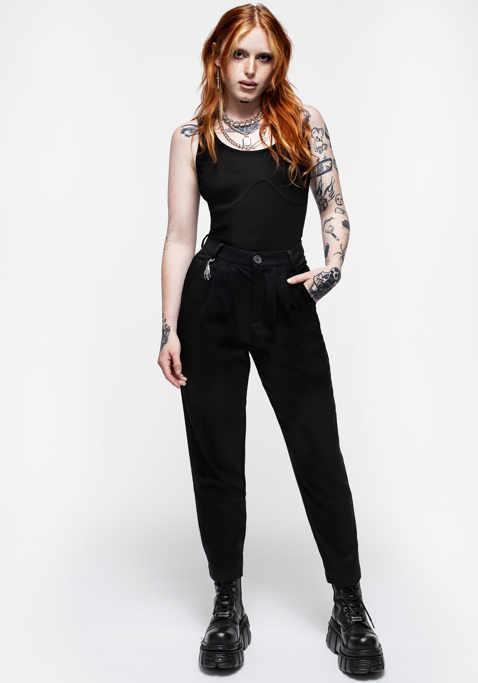 High Waist Tapered Trousers with Skeleton Charm | Malverde Black