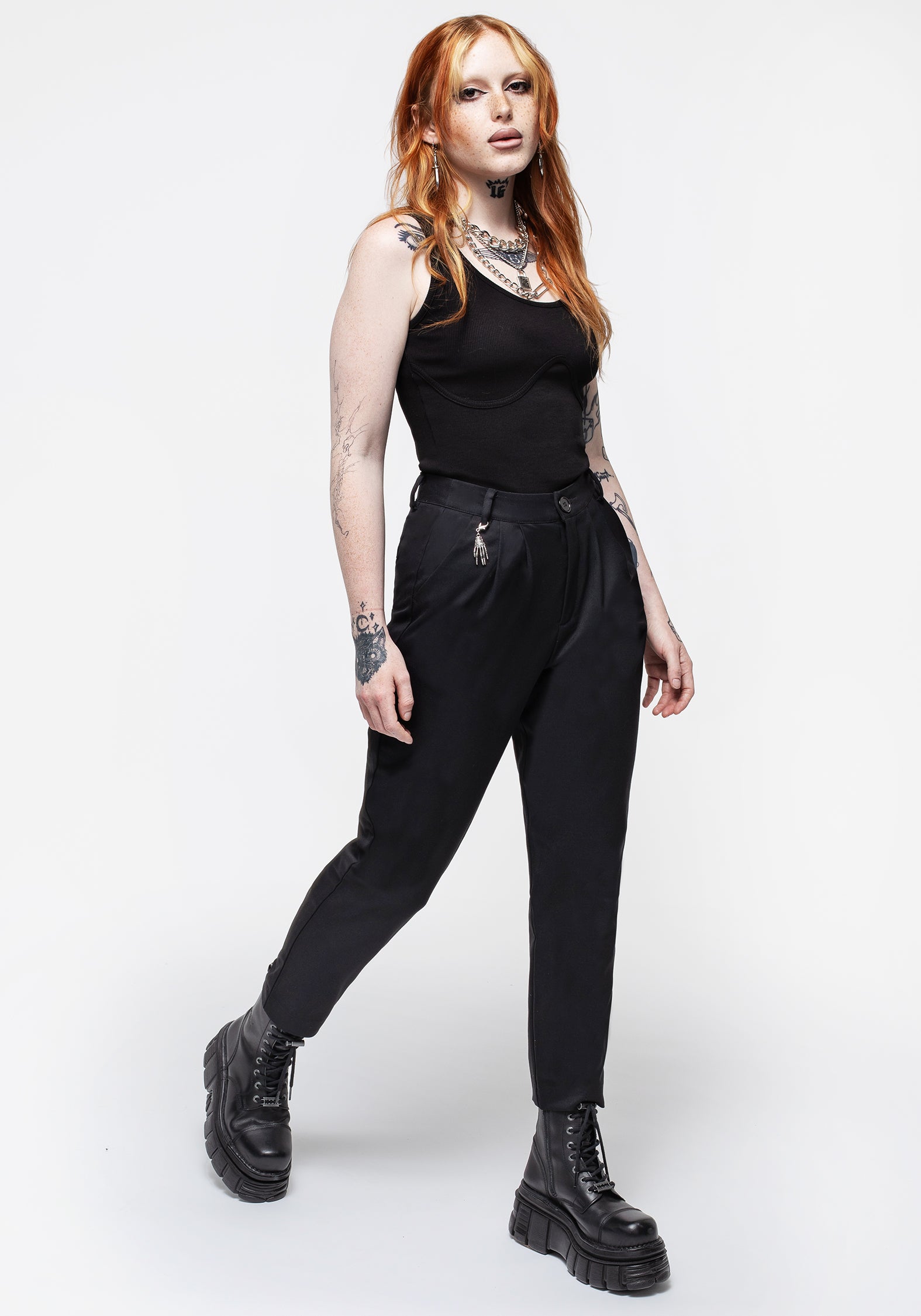 High Waist Tapered Trousers with Skeleton Charm | Malverde Black