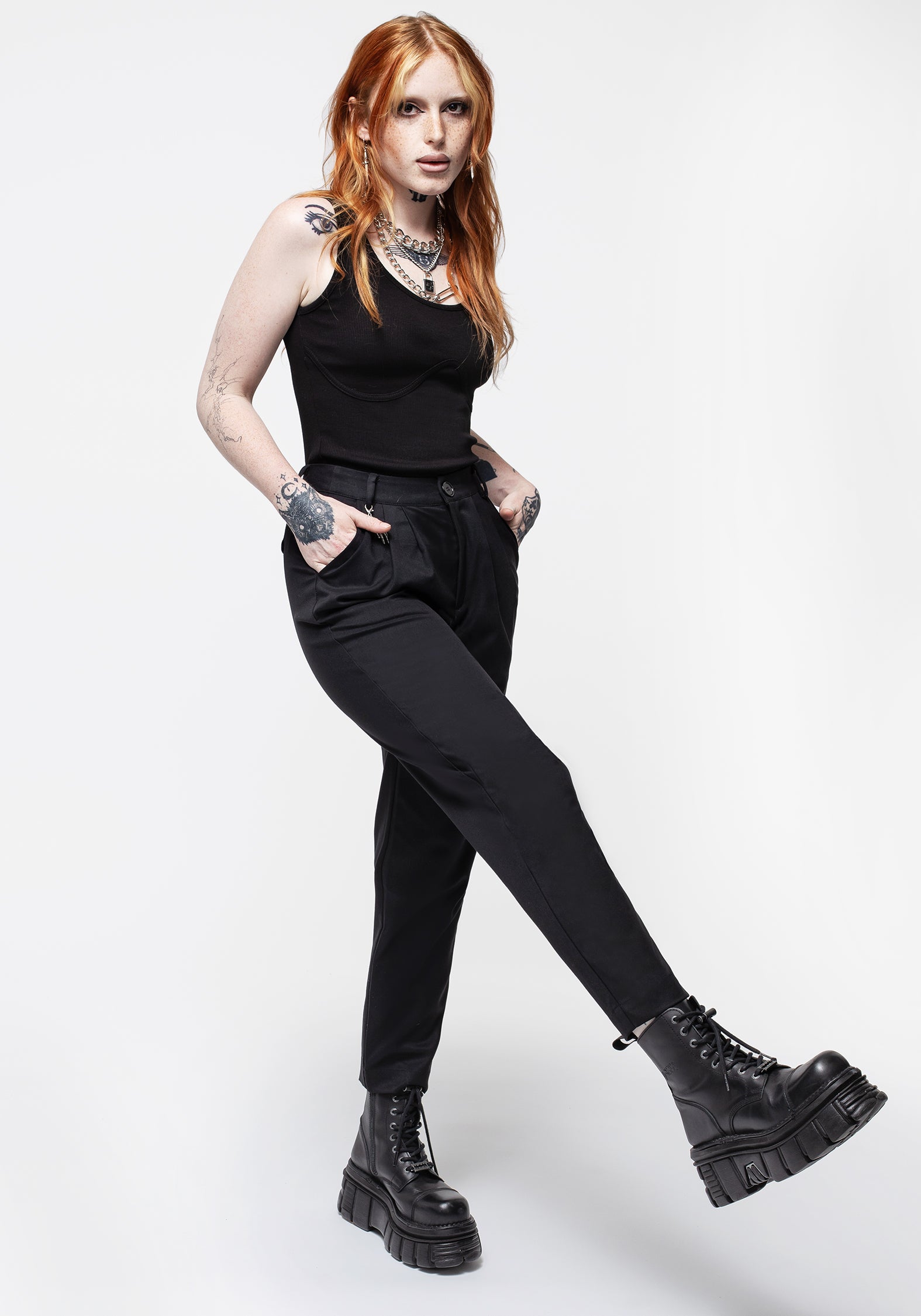 High Waist Tapered Trousers with Skeleton Charm | Malverde Black