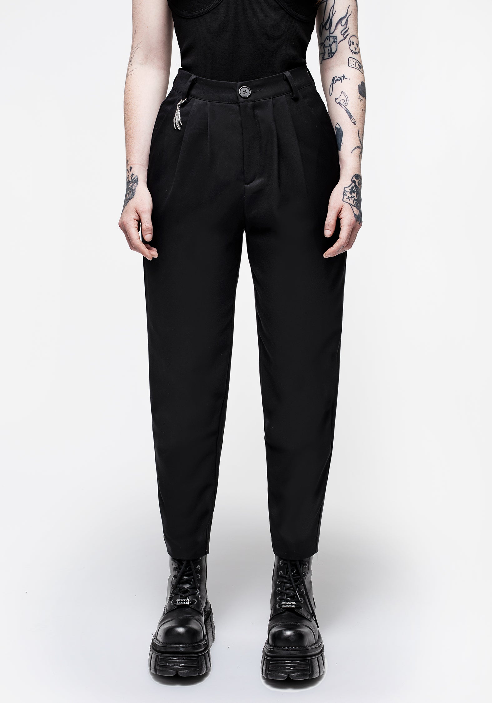 High Waist Tapered Trousers with Skeleton Charm | Malverde Black