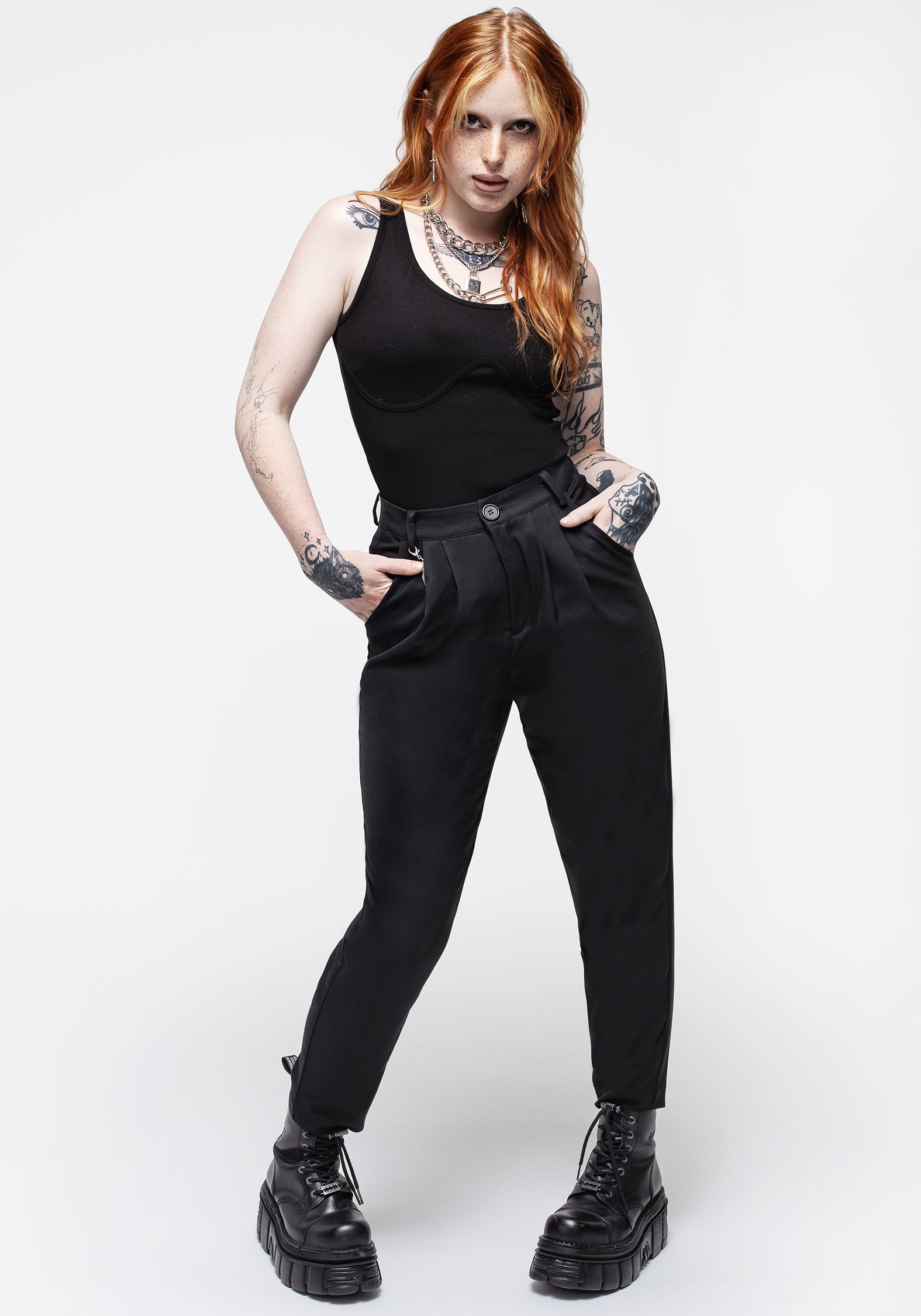 High Waist Tapered Trousers with Skeleton Charm | Malverde Black