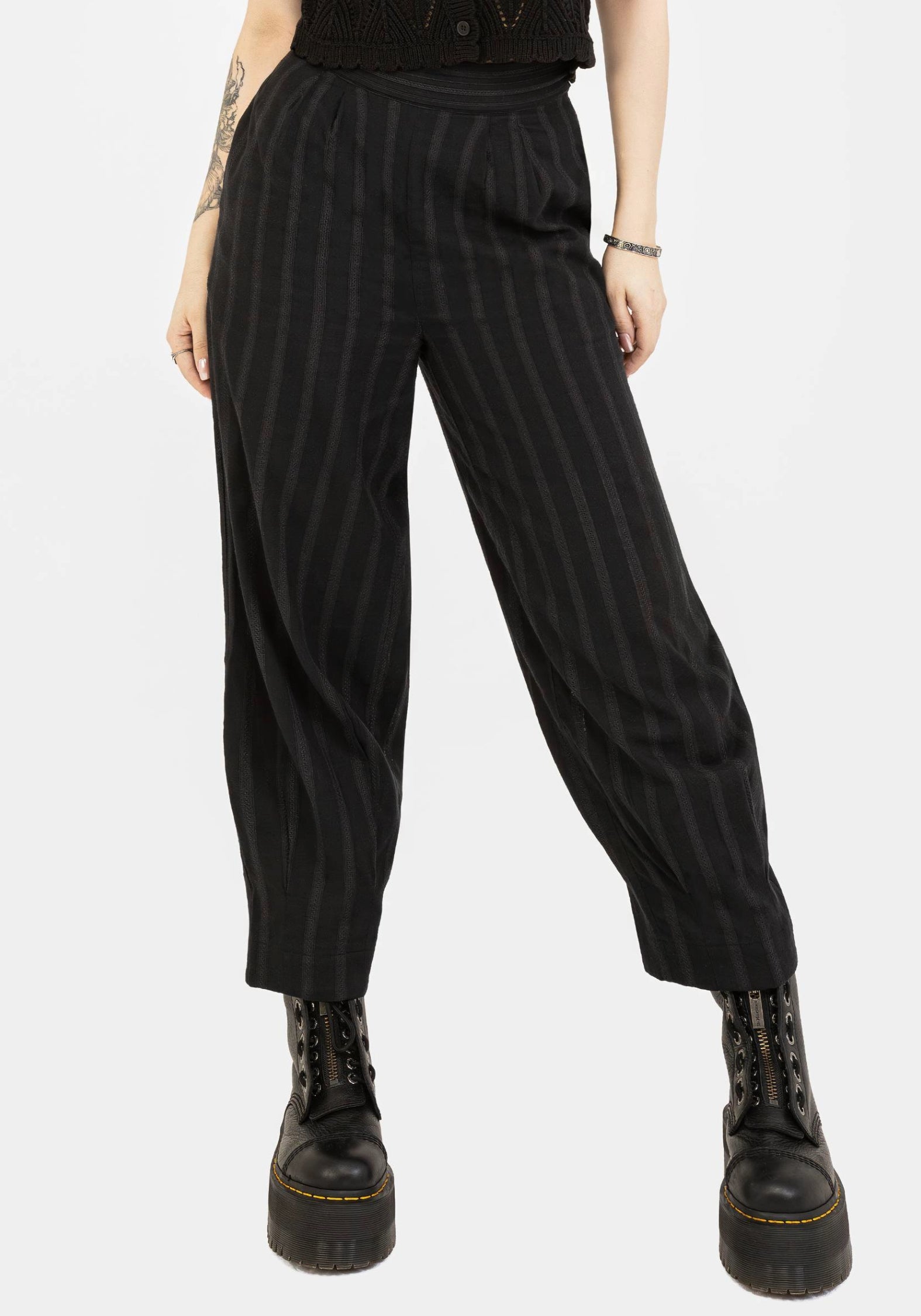 Black Striped Cotton Balloon Trousers | High Waisted & Side Pockets