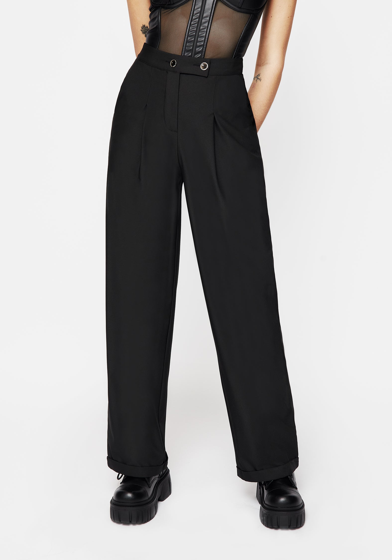 Black Wide Leg Trousers with Moon Buttons | Moonage Tailored