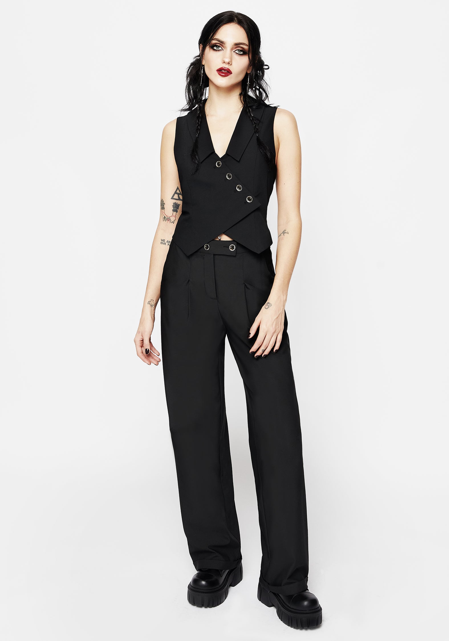 Black Wide Leg Trousers with Moon Buttons | Moonage Tailored