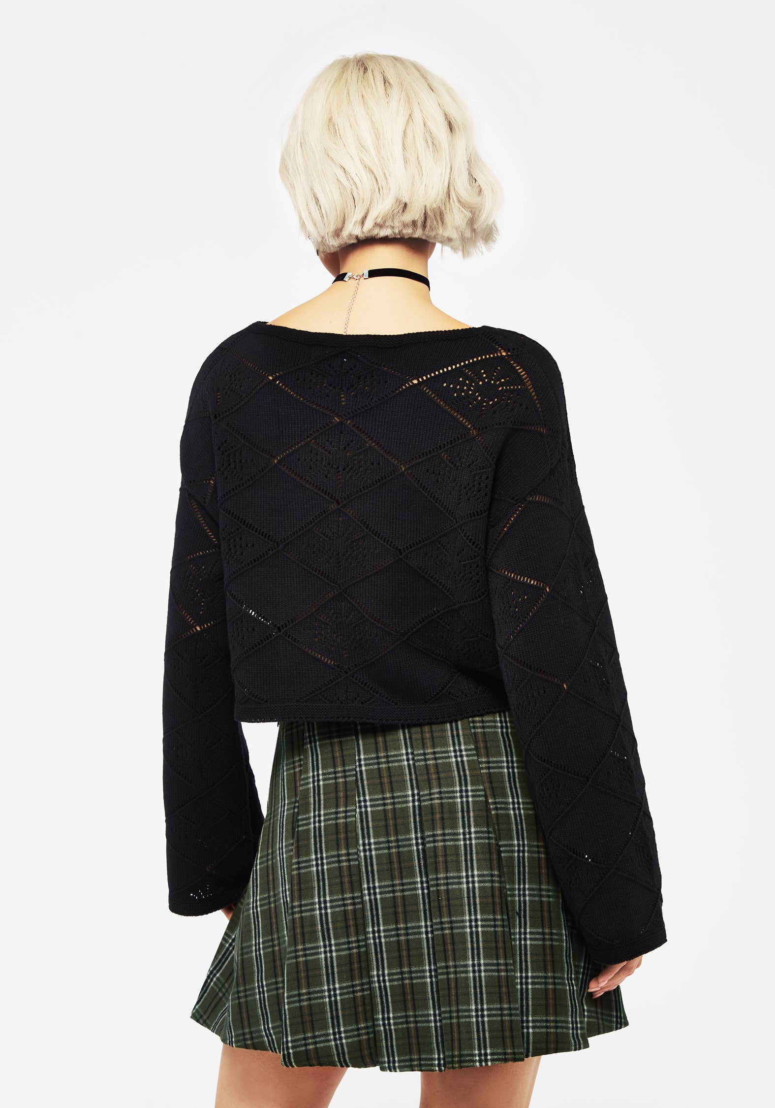 Pointelle Knit Crop Jumper with Long Flute Sleeves | Eliana