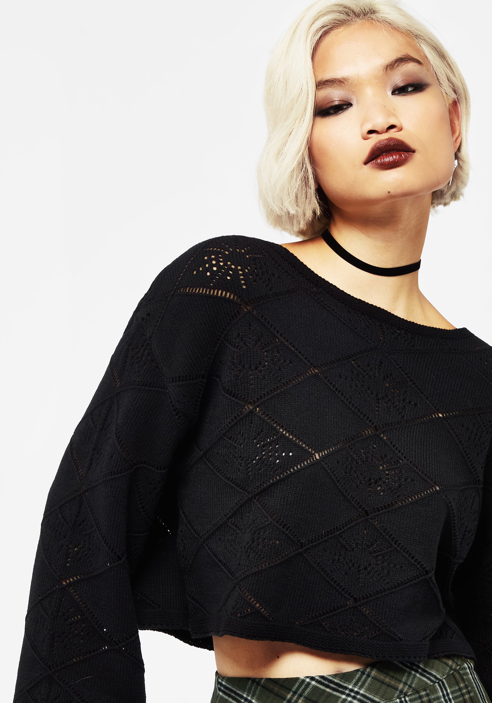 Pointelle Knit Crop Jumper with Long Flute Sleeves | Eliana
