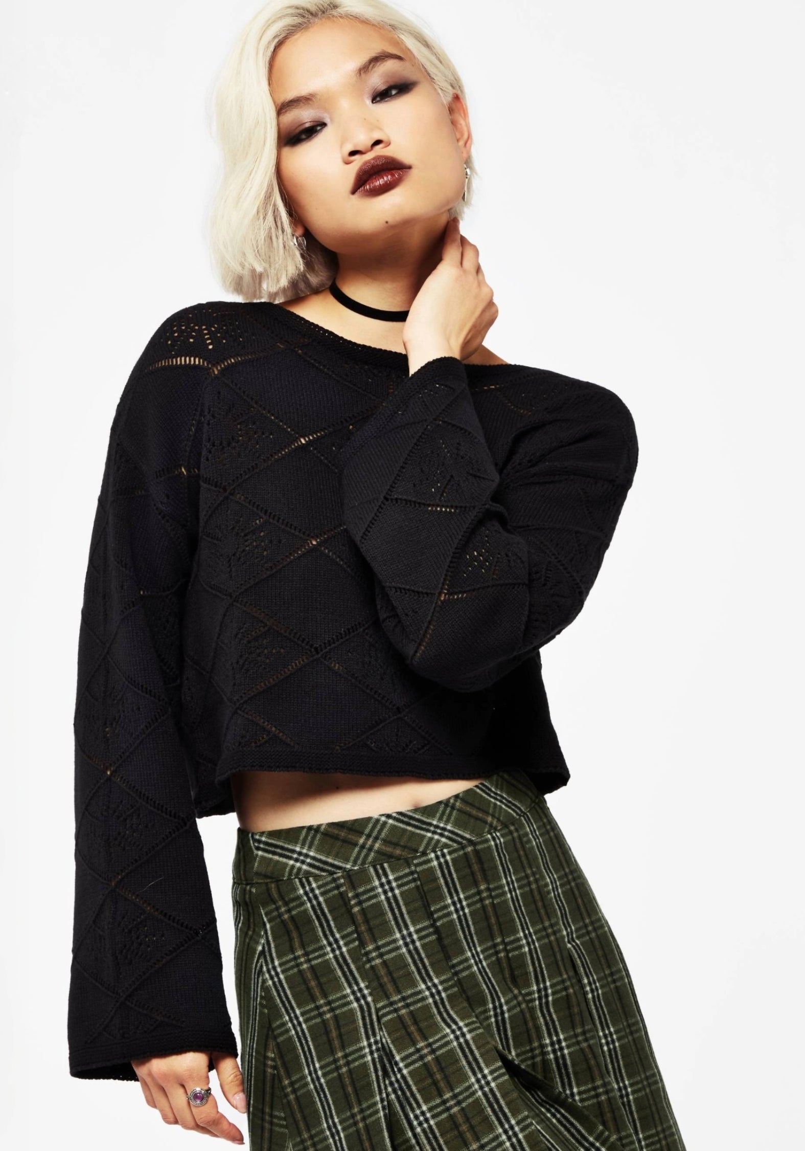Pointelle Knit Crop Jumper with Long Flute Sleeves | Eliana