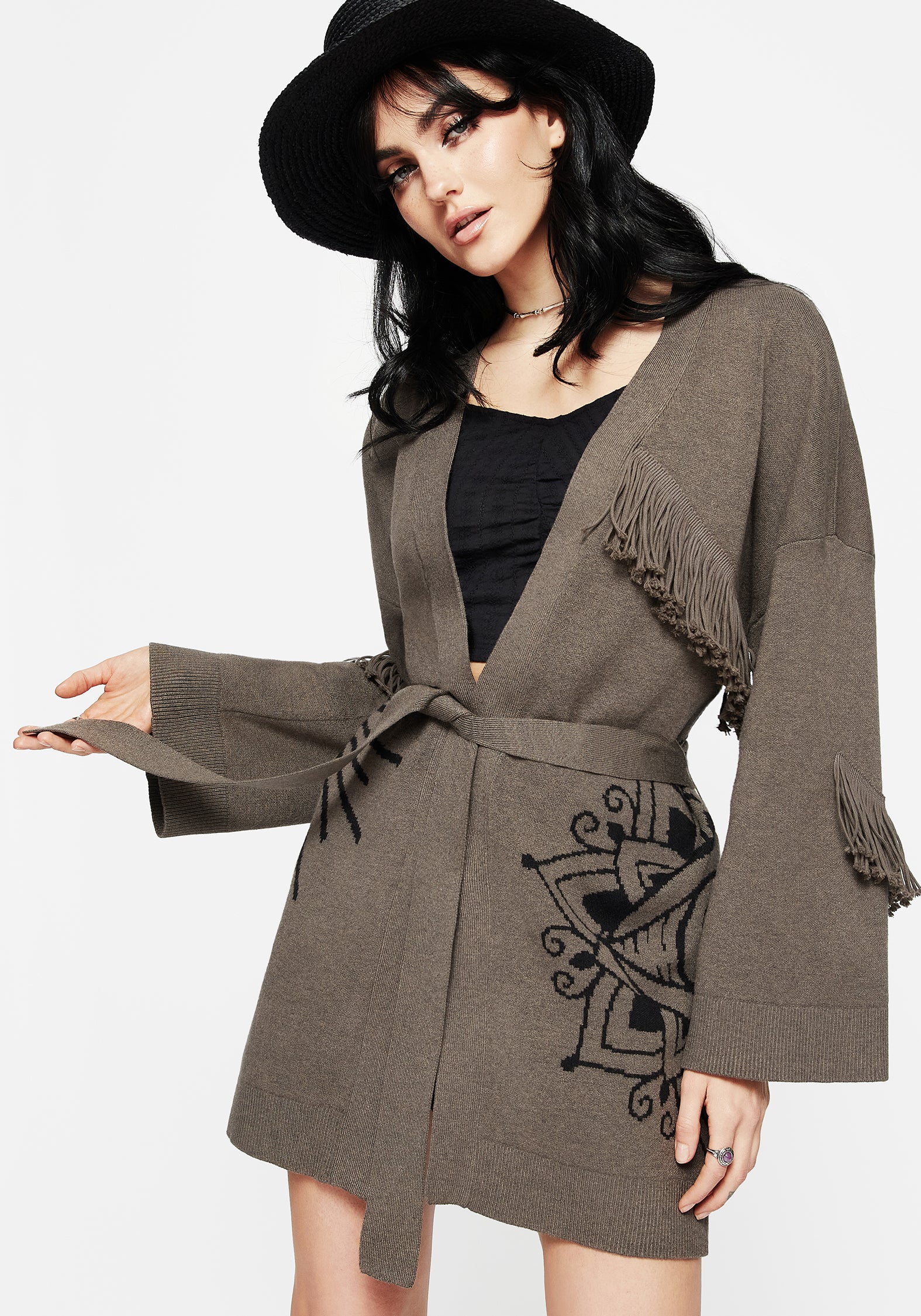 Fringed Longline Knit Cardigan with Flare Sleeves | Iris