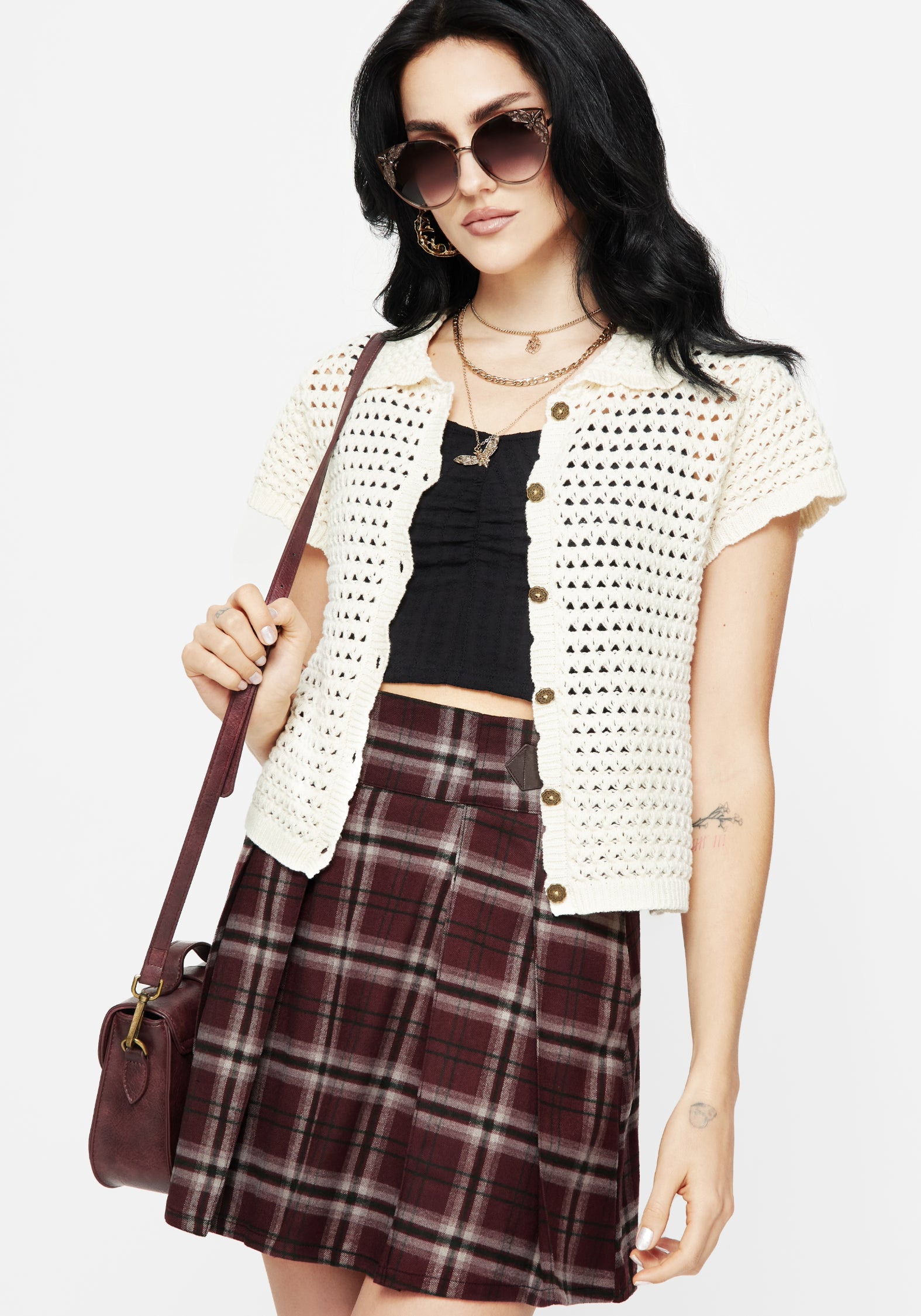 Cream Pointelle Knit Button Up Top with Frill Trim | Drifter