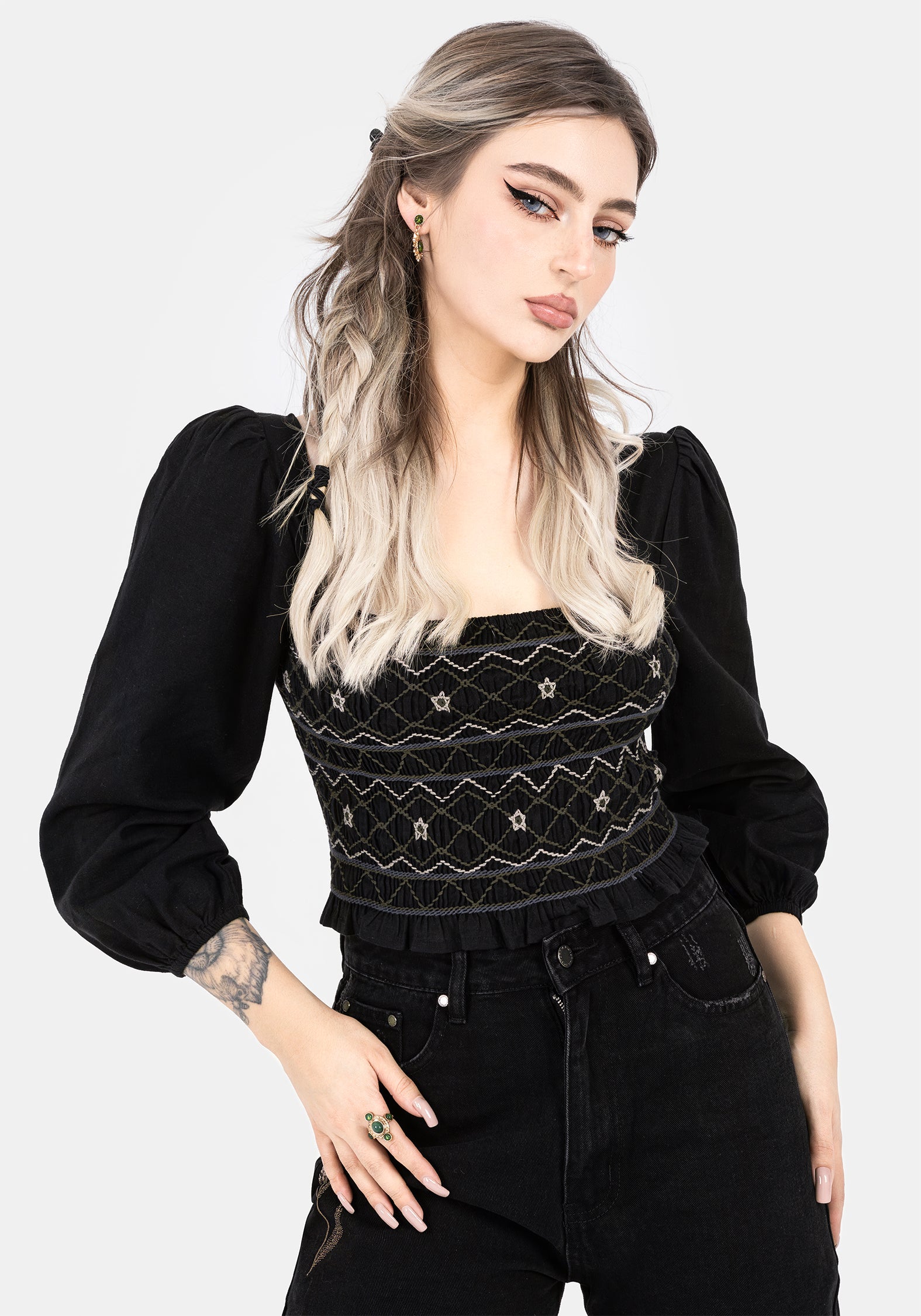 Hand Embroidered Smocked Puff Sleeve Top | Black Cropped Blouse | Larissa
