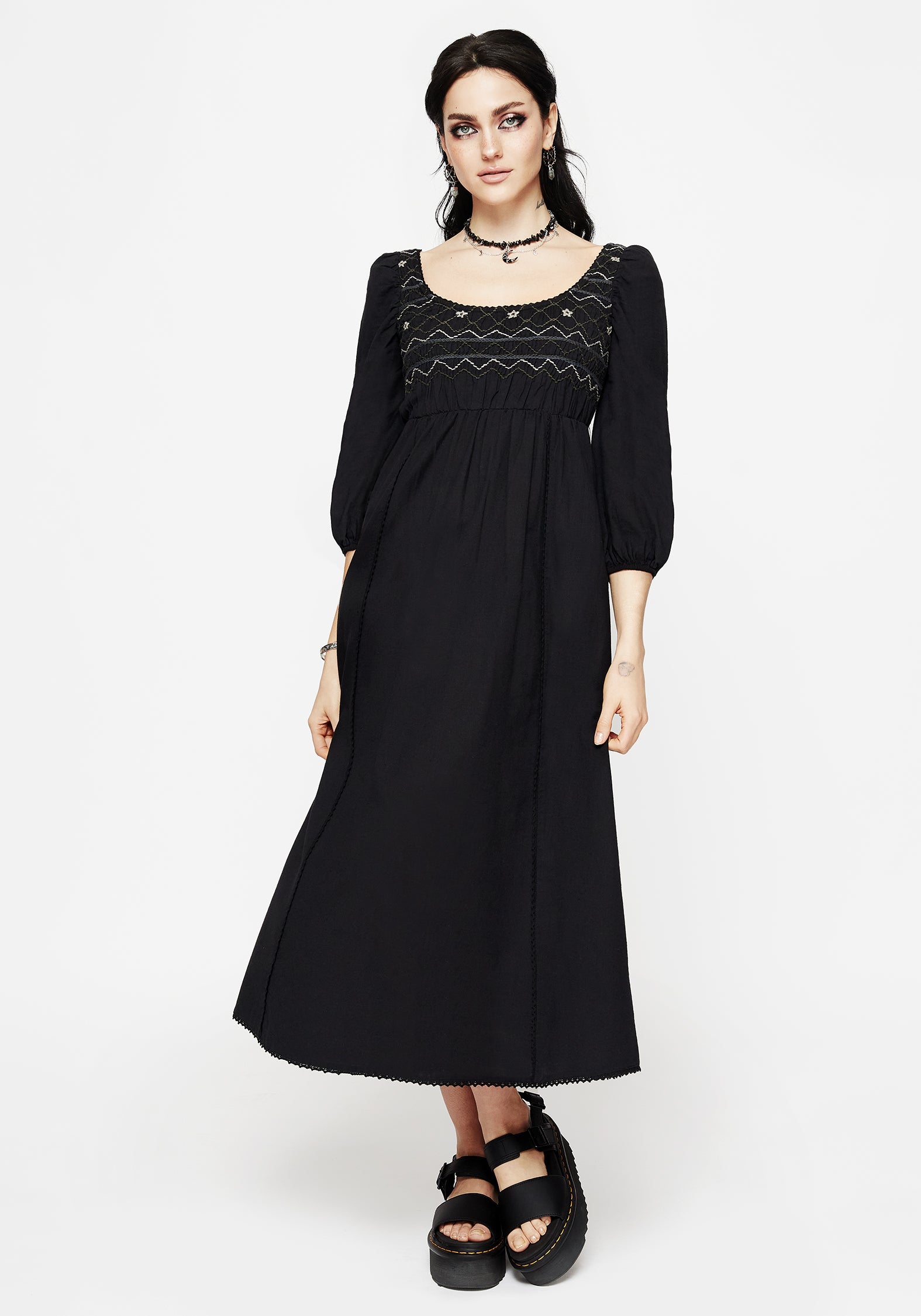 Black Smocked Puff Sleeve Dress with Hand Embroidered Design | Larissa