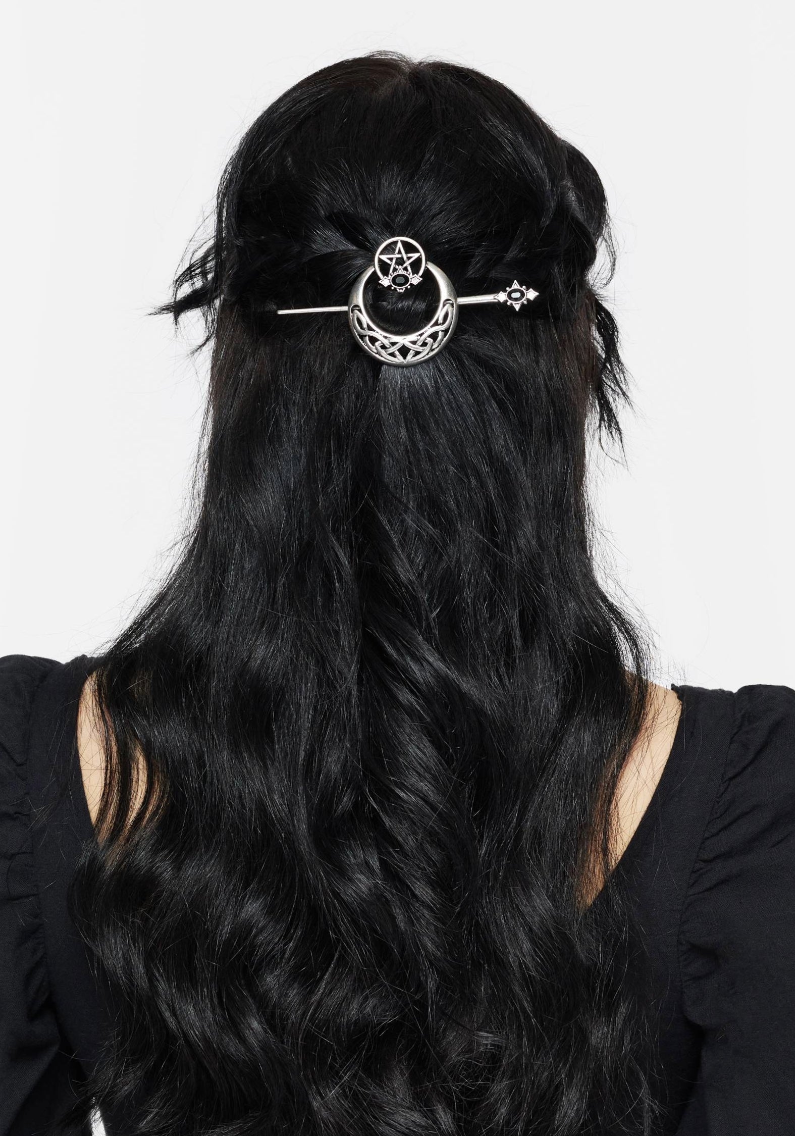 Silver Pentagram & Moon Hair Clip with Pin | Druantia Celtic Braid Slide