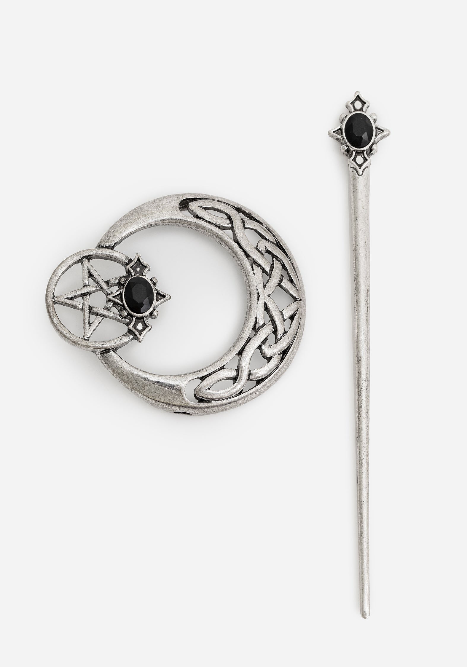 Silver Pentagram & Moon Hair Clip with Pin | Druantia Celtic Braid Slide