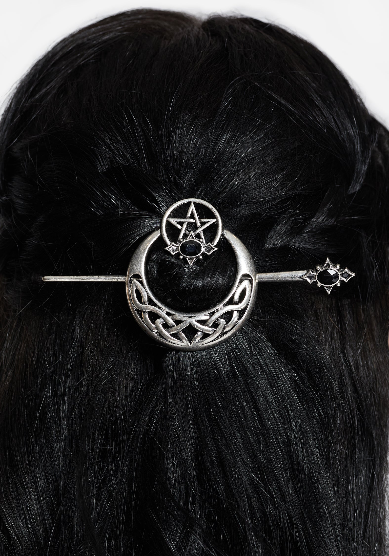 Silver Pentagram & Moon Hair Clip with Pin | Druantia Celtic Braid Slide