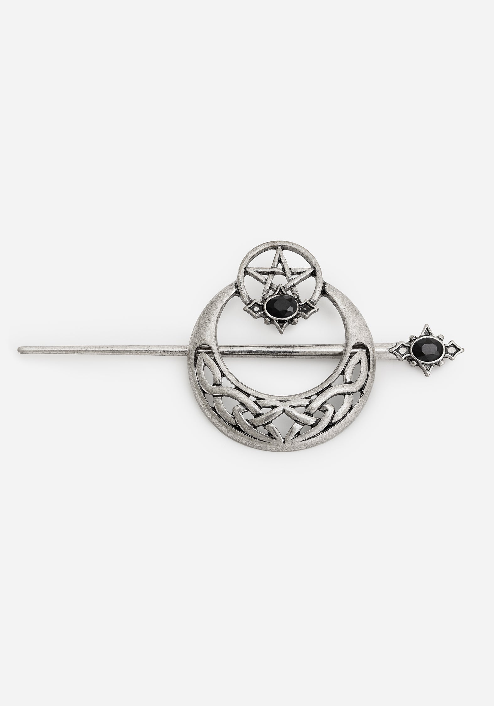 Silver Pentagram & Moon Hair Clip with Pin | Druantia Celtic Braid Slide