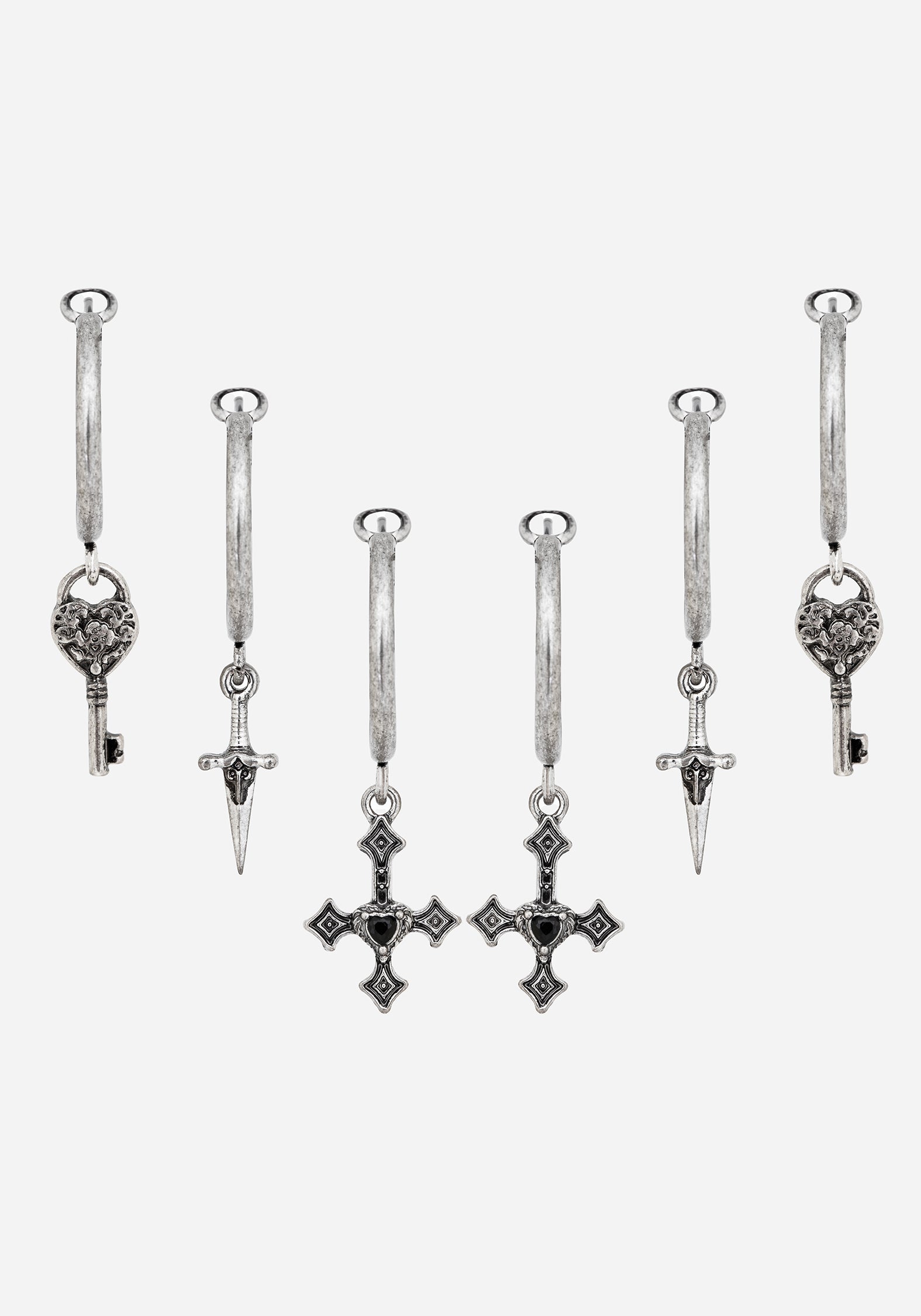 Vintage Silver Hoop Earrings Set with Hearts & Crosses | Eilir