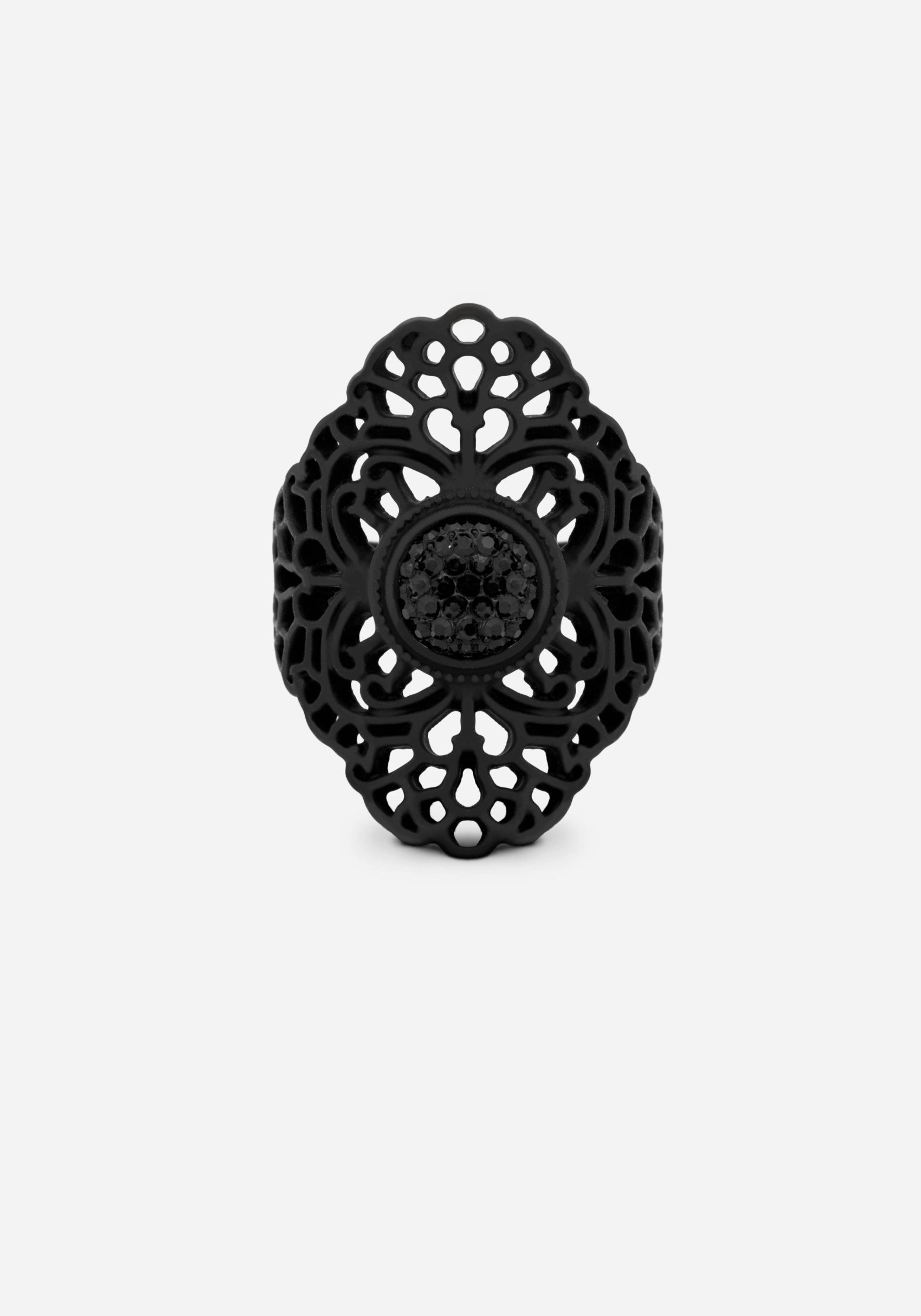 Black Matte Floral Ring with Faux Onyx Stone | Elaine Ornate