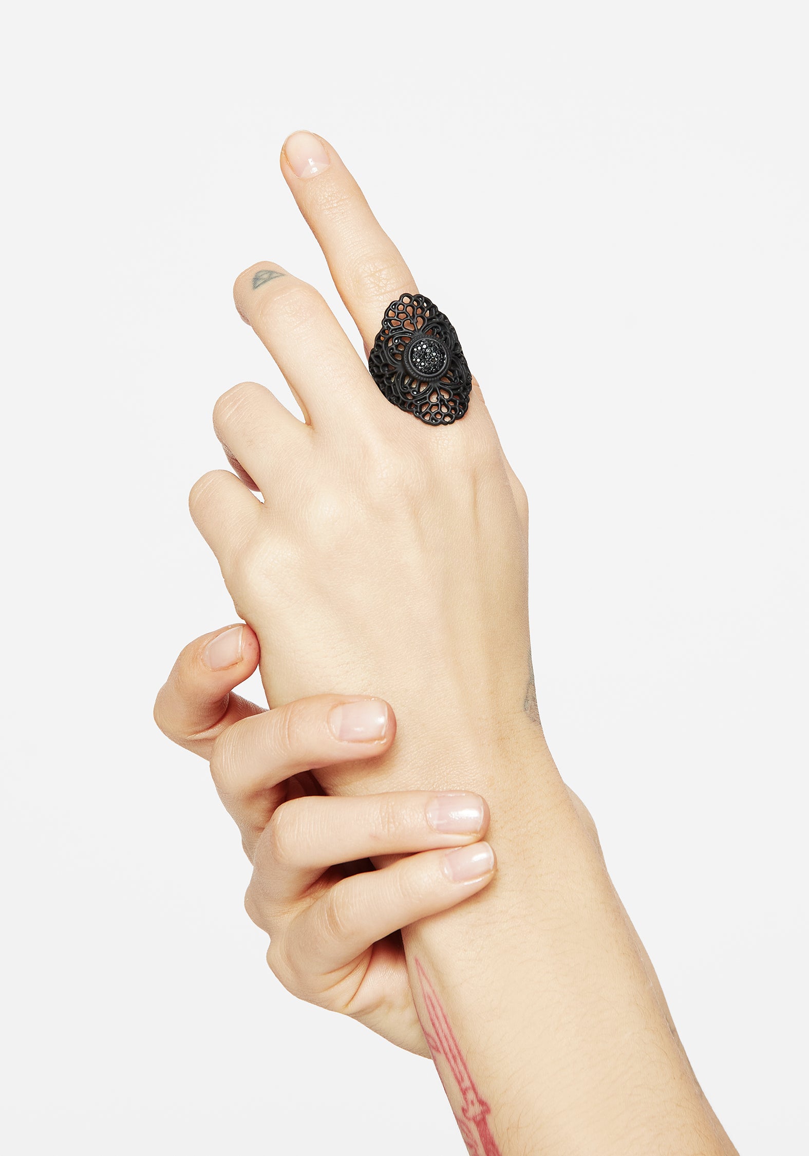 Black Matte Floral Ring with Faux Onyx Stone | Elaine Ornate