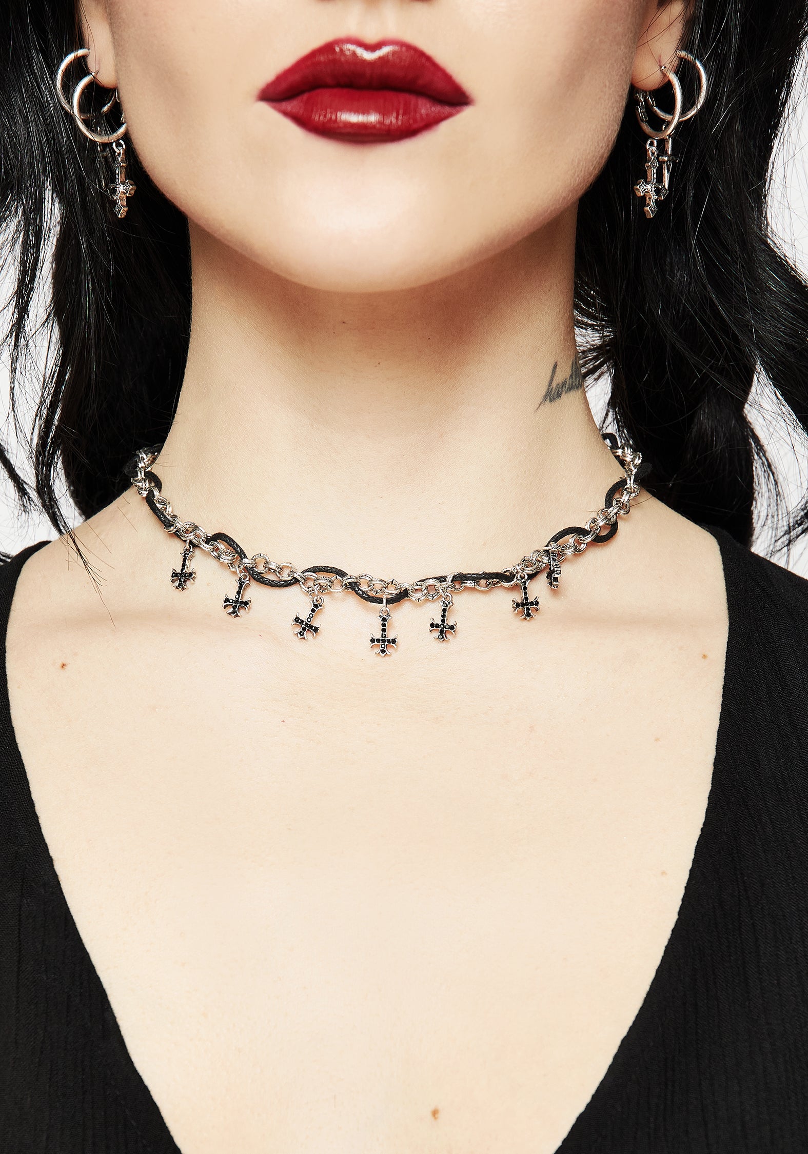 Silver Cross Choker Necklace with Black Cord & Lobster Clasp | Catkin