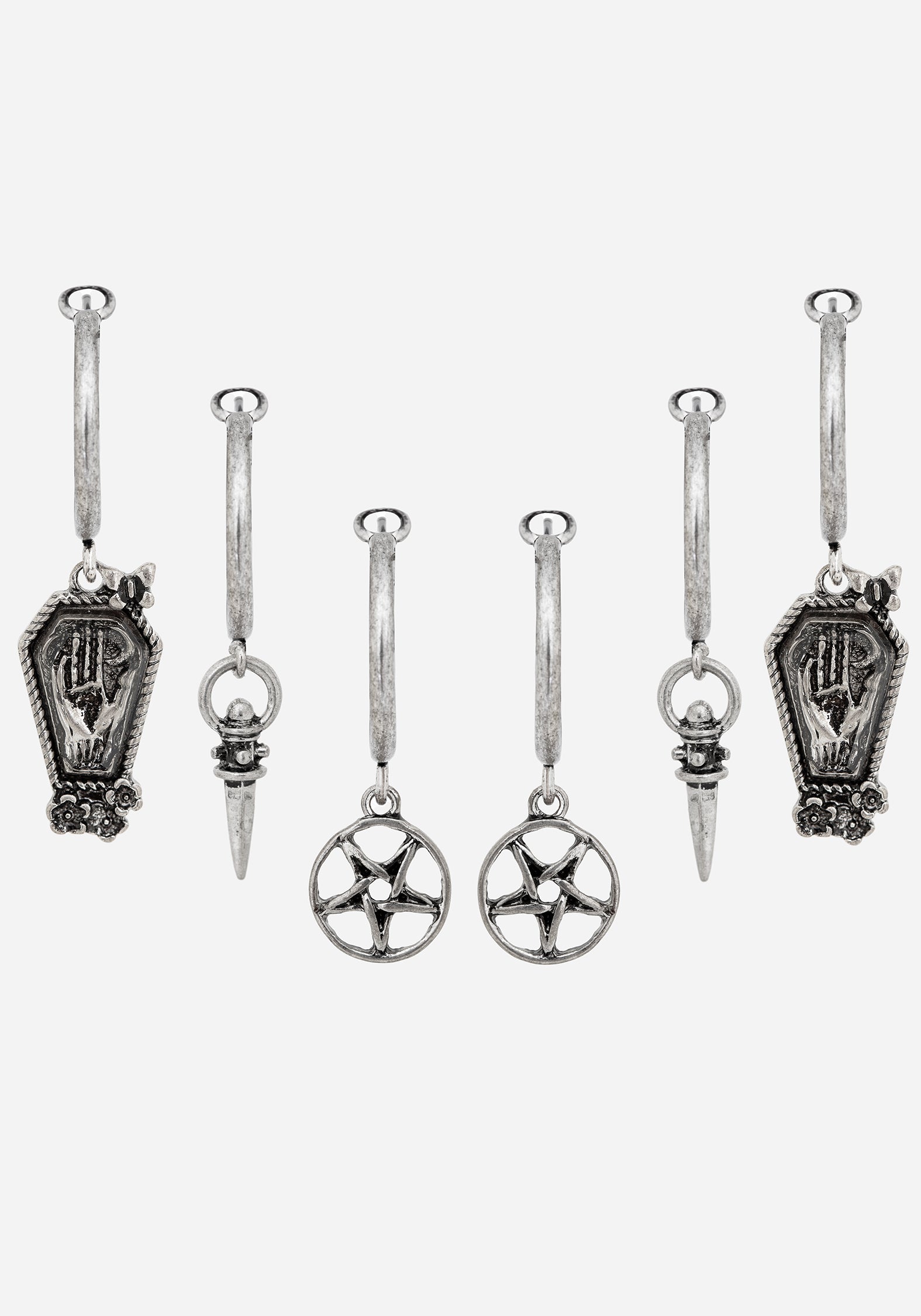 Gothic Hoop Earrings Set with Coffin & Pentagram Charms | Arbor