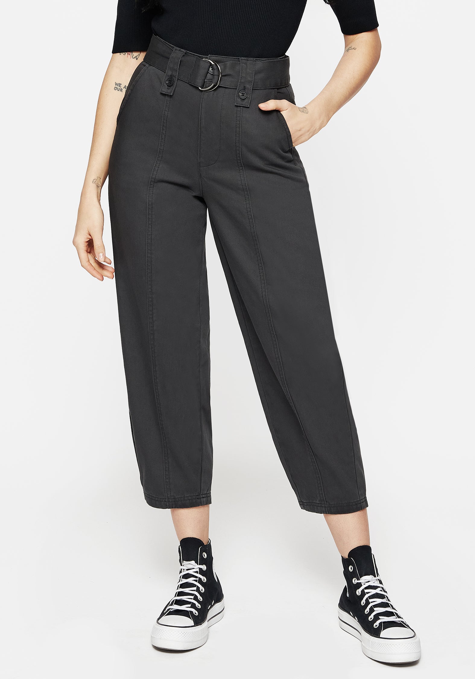 Embroidered Balloon Leg Trousers with Belt | Grey Denim Pants