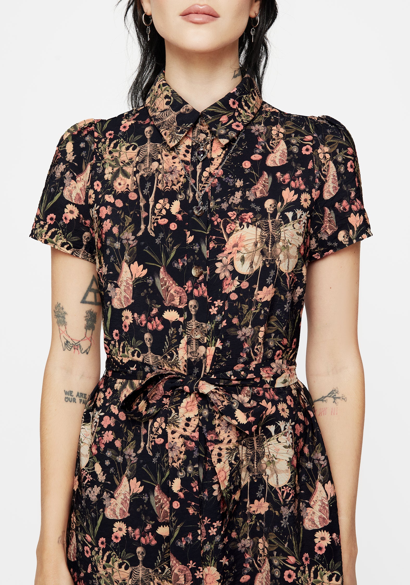 Black Floral Mini Shirt Dress with Skeleton Print & Pockets | Pixie