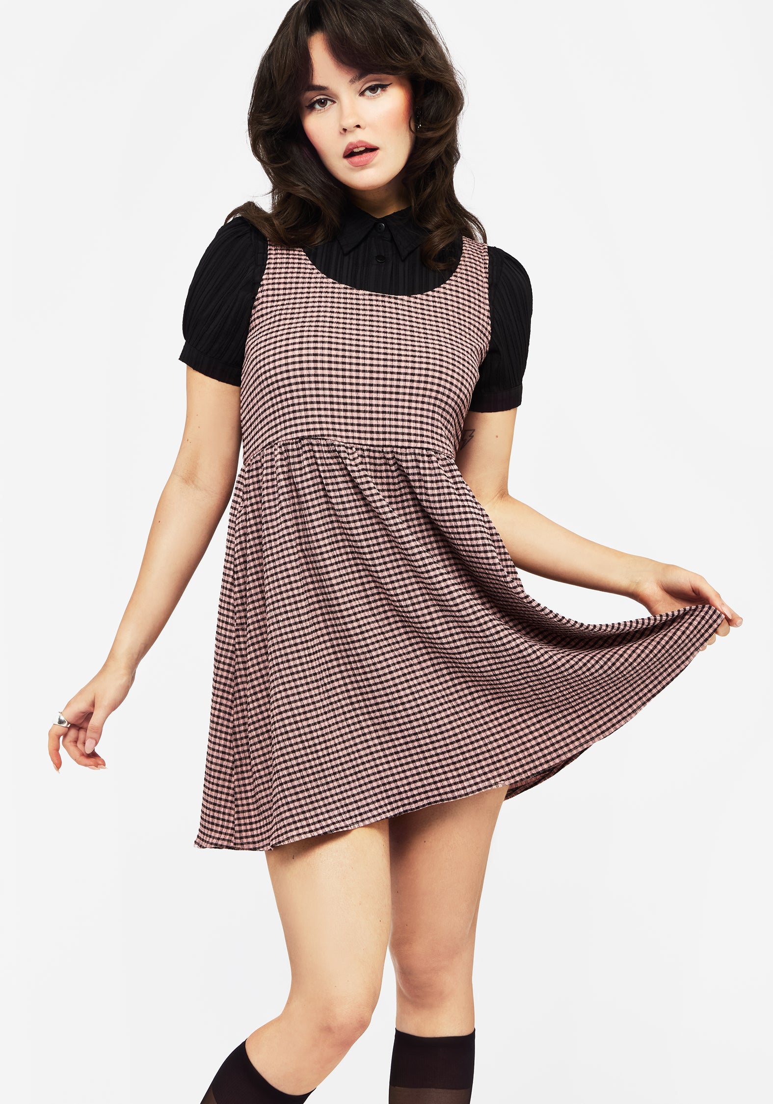 Pink Check Mini Skater Dress with Pockets | Midora Crinkle Fabric