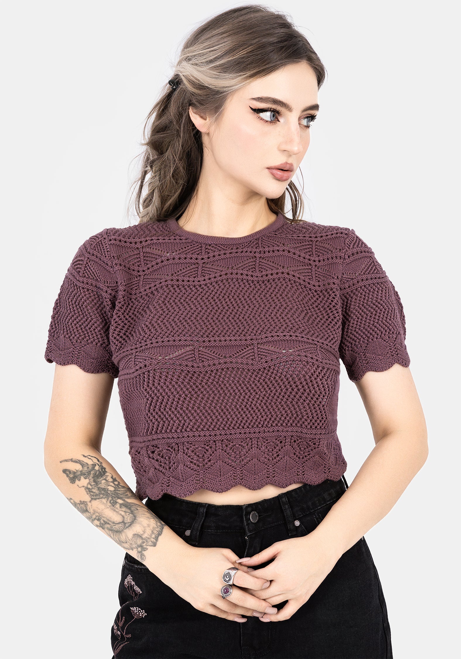 Purple Pointelle Crop Top | Short Sleeve & Scalloped Hem
