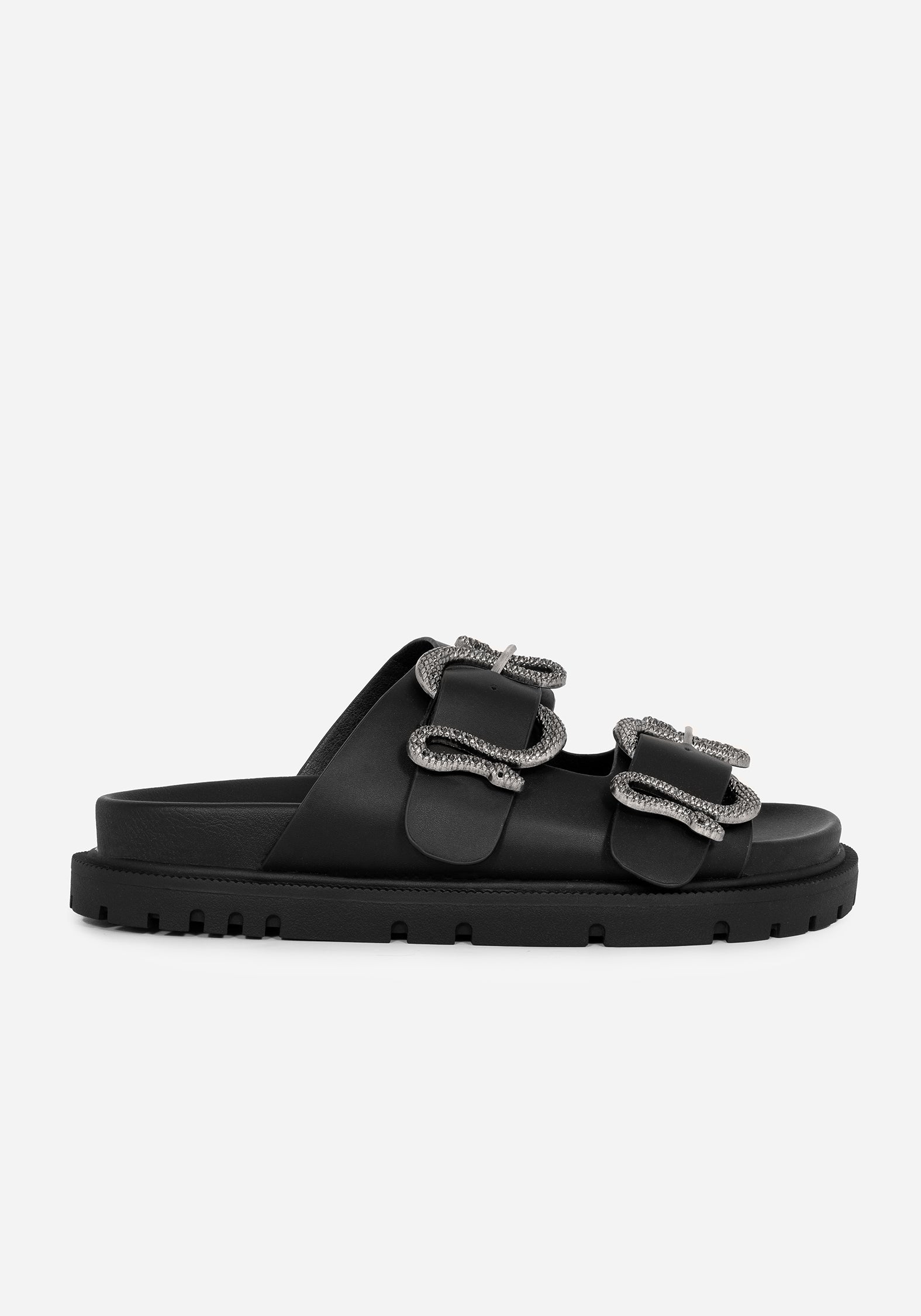 Black Faux Leather Snake Buckle Sandals with Adjustable Straps | Mamba