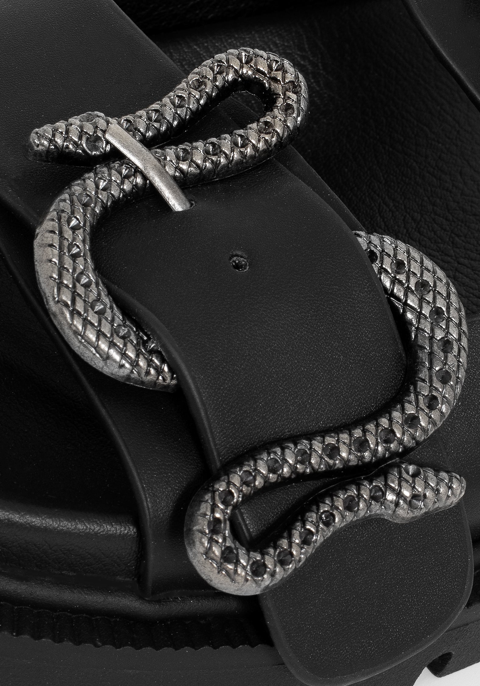 Black Faux Leather Snake Buckle Sandals with Adjustable Straps | Mamba
