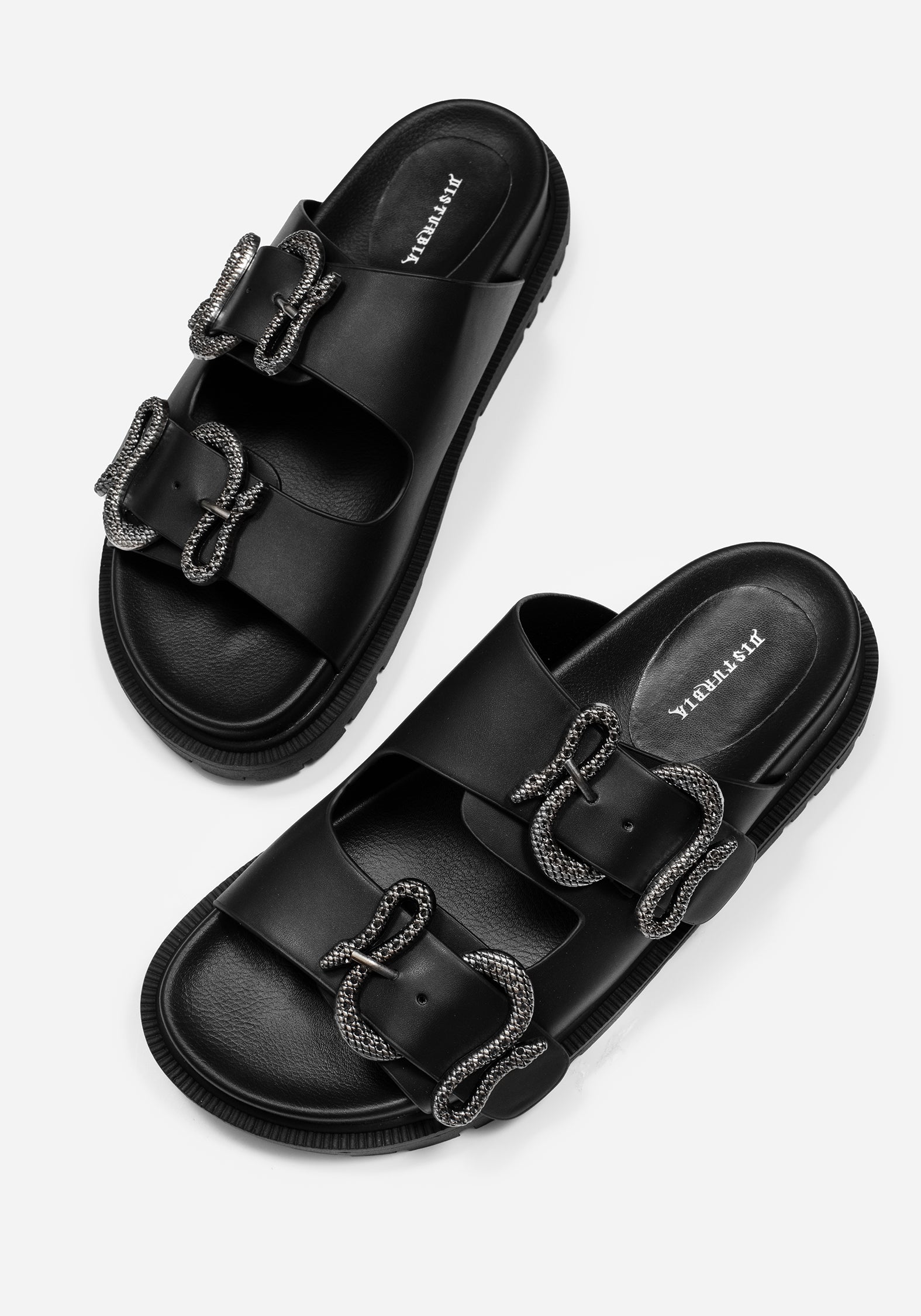Black Faux Leather Snake Buckle Sandals with Adjustable Straps | Mamba