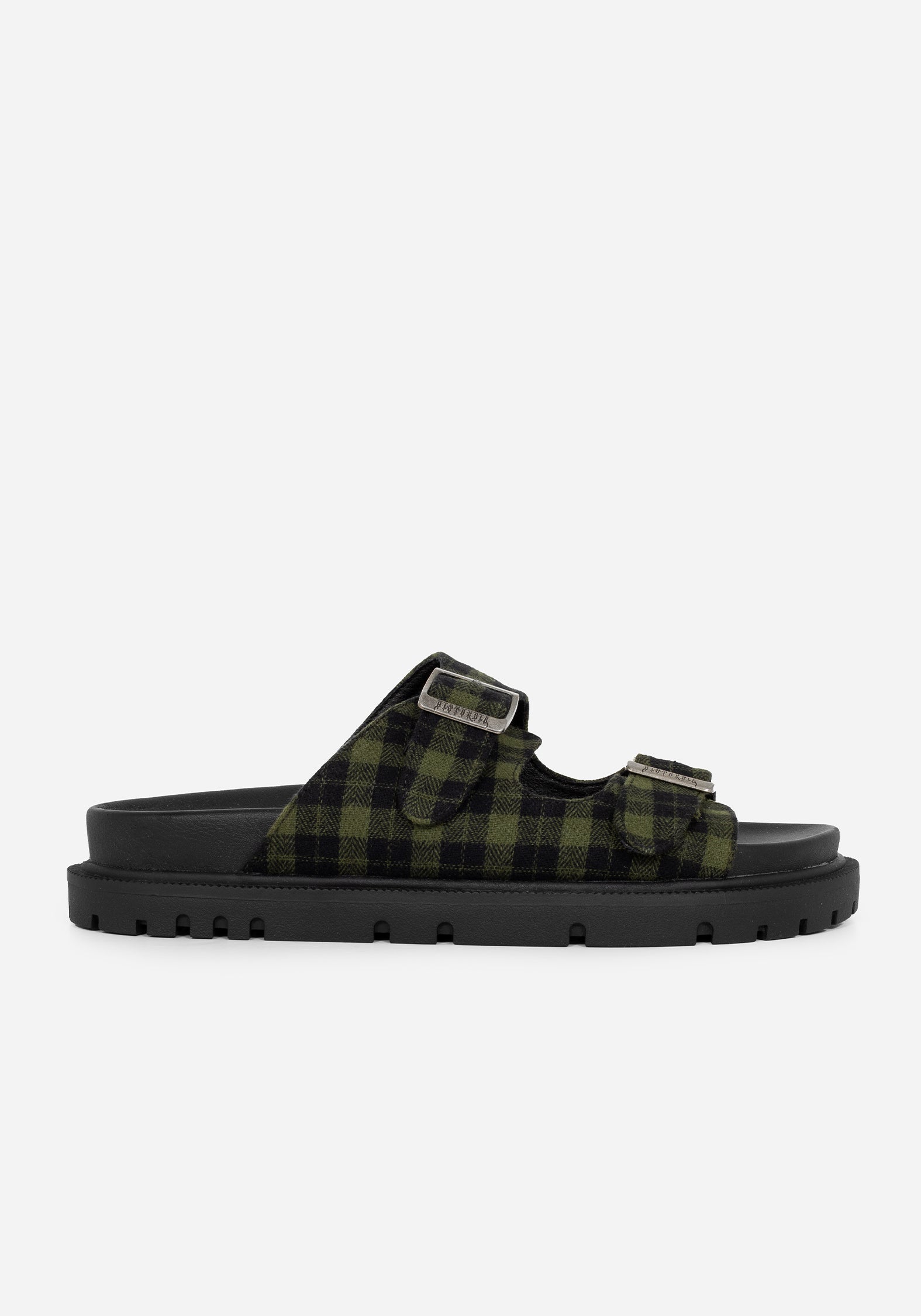 Green & Black Gingham Buckle Sandals with Adjustable Straps | Terra