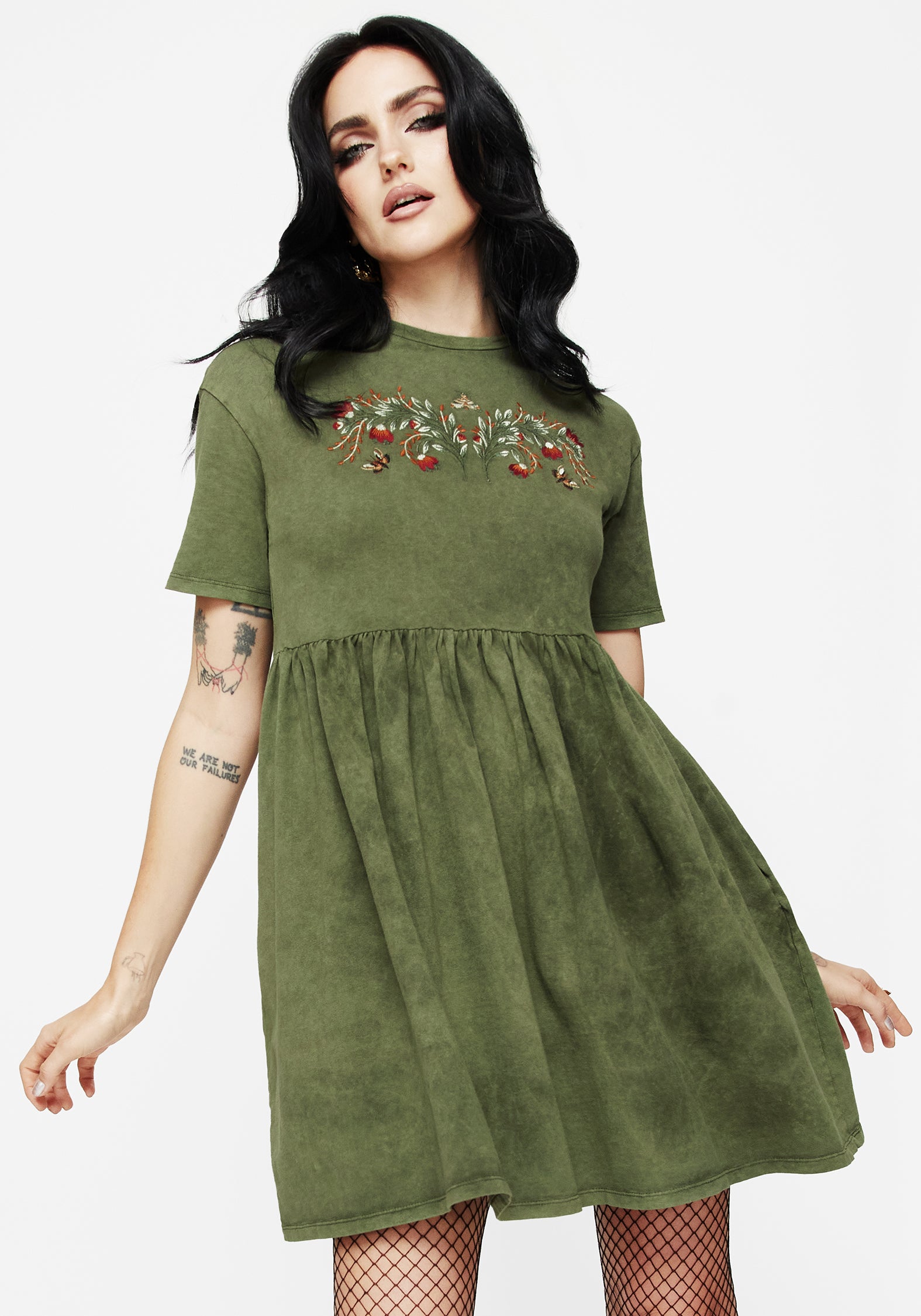 Floral Embroidered Cotton Skater Dress | Short Sleeve Crew Neck